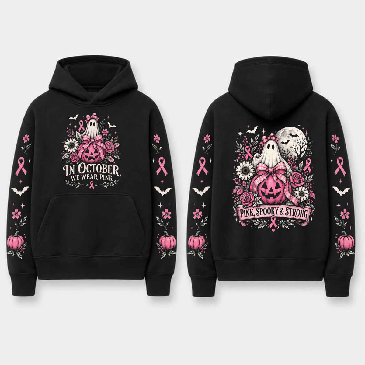 Unisex Pink Breast Cancer Awareness Horror Print Hoodie – Scary Movie Character Graphic Pullover, Halloween Pink Ribbon Support Sweatshirt