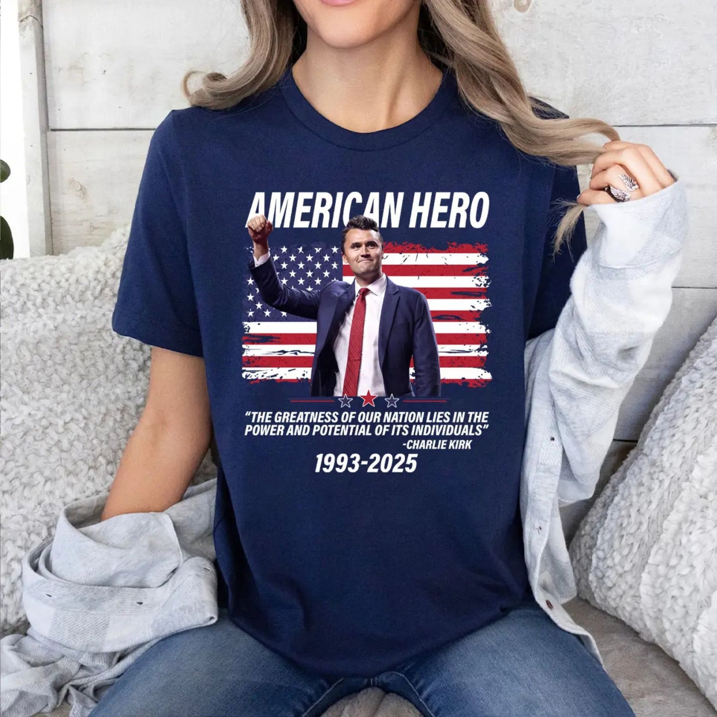 Charlie Kirk "American Hero" T-Shirt - Patriotic Statement Tee, Conservative Political Apparel