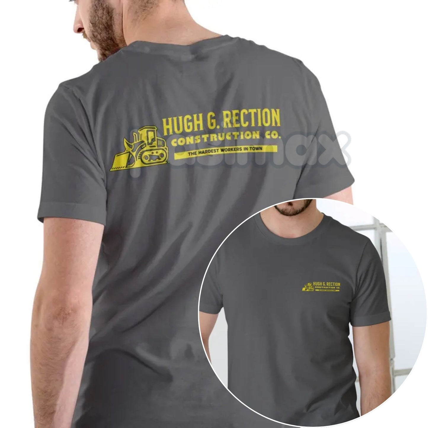 Hugh G Rection Construction Co. Funny T Shirt - Adult Humor Logo Design Tee, Unisex Cotton Black Tee for Men