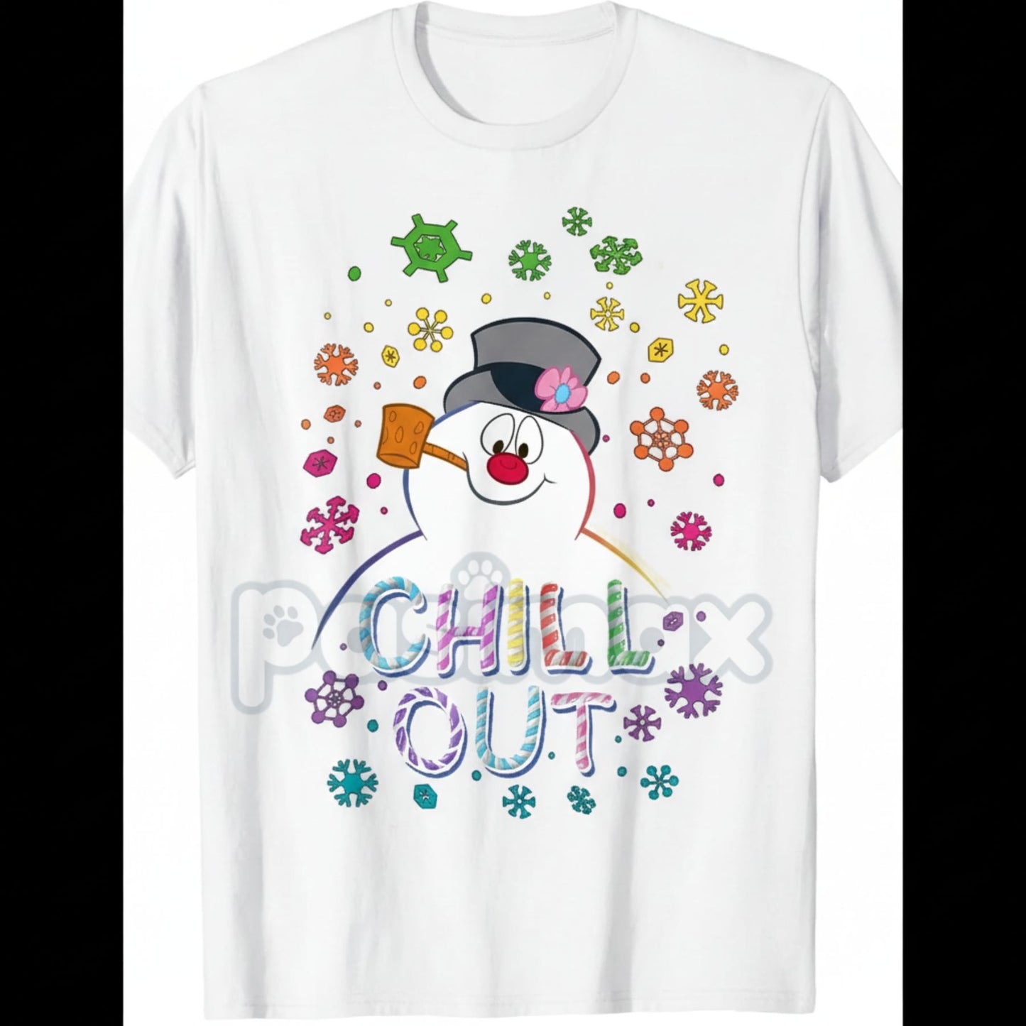 Women's Black Frosty The Snowman T-Shirt - Chill Out Portrait Graphic Tee, Funny Holiday Winter Apparel, Short Sleeve Christmas Top