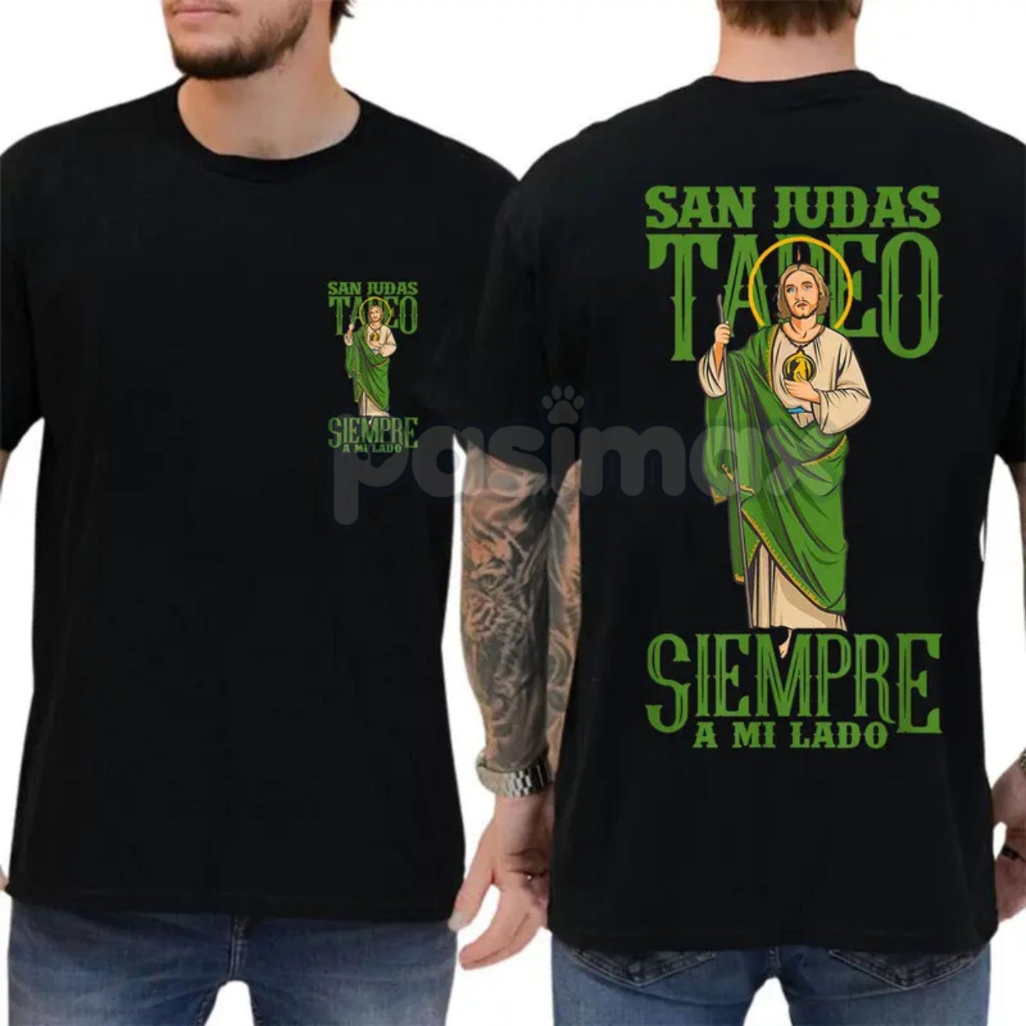 San Judas Tadeo Iconic Portrait T-Shirt - 2-Sided Latinx Faith Apparel - Vibrant Religious Graphic Tee