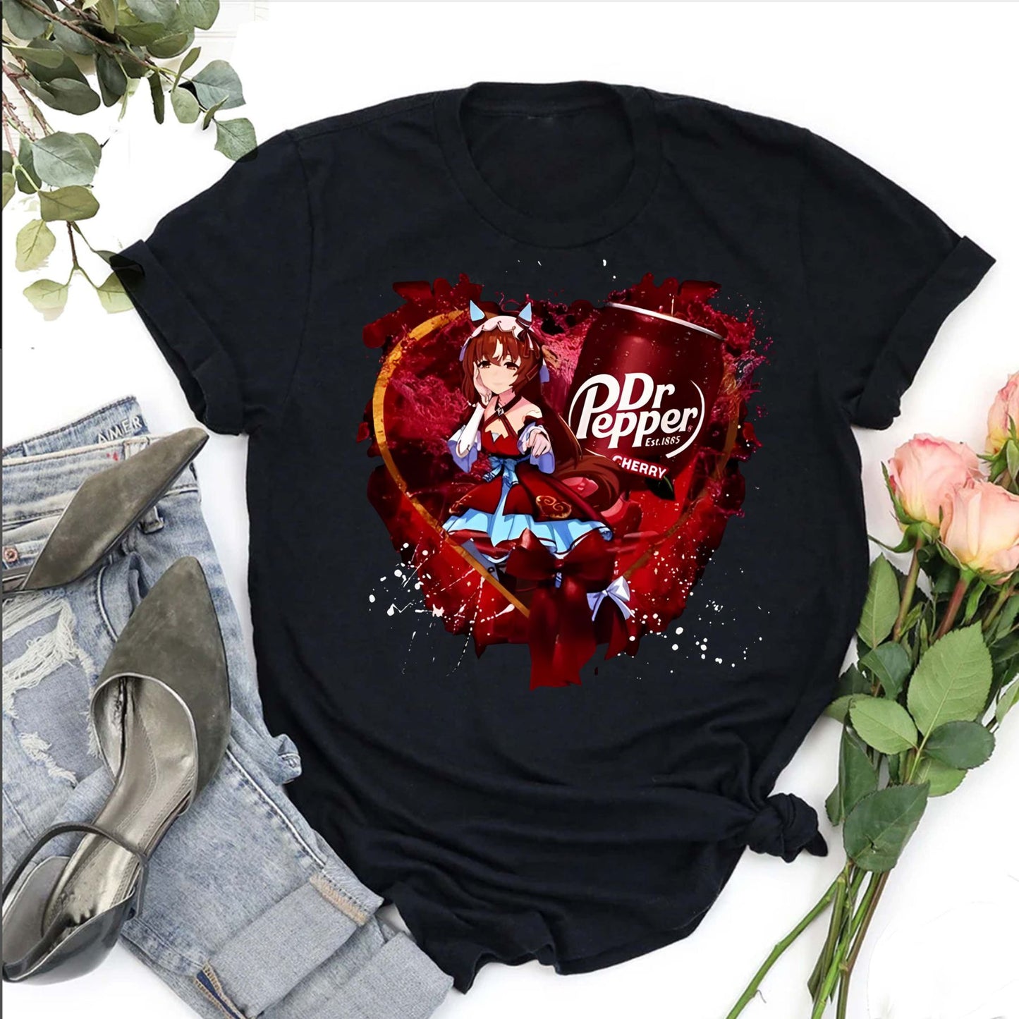 Uma Musume x Dr. Pepper T-Shirt - Anime Maid & Soda Print Tee, Cute Crossover Shirt
