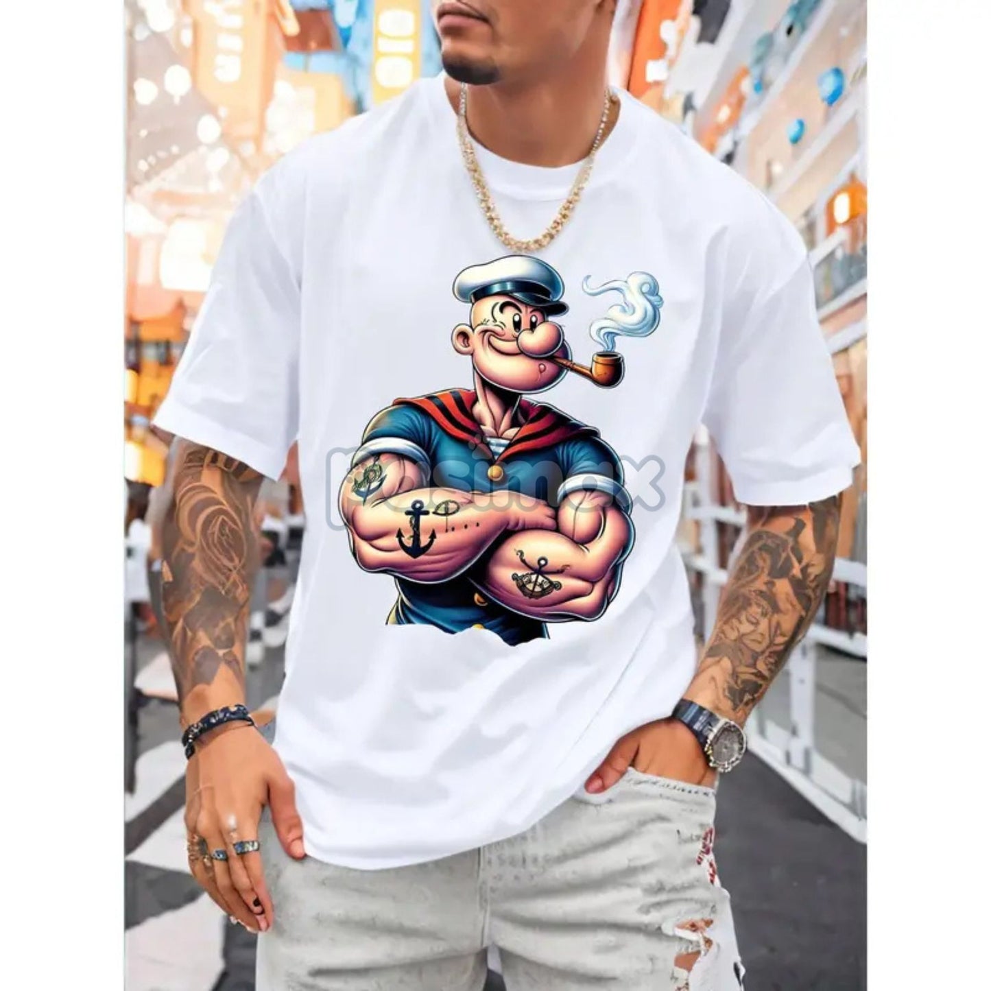 Men's Popeye Printed Urban Casual T-Shirt - Classic Cartoon Graphic Tee, Short Sleeved Round Neck