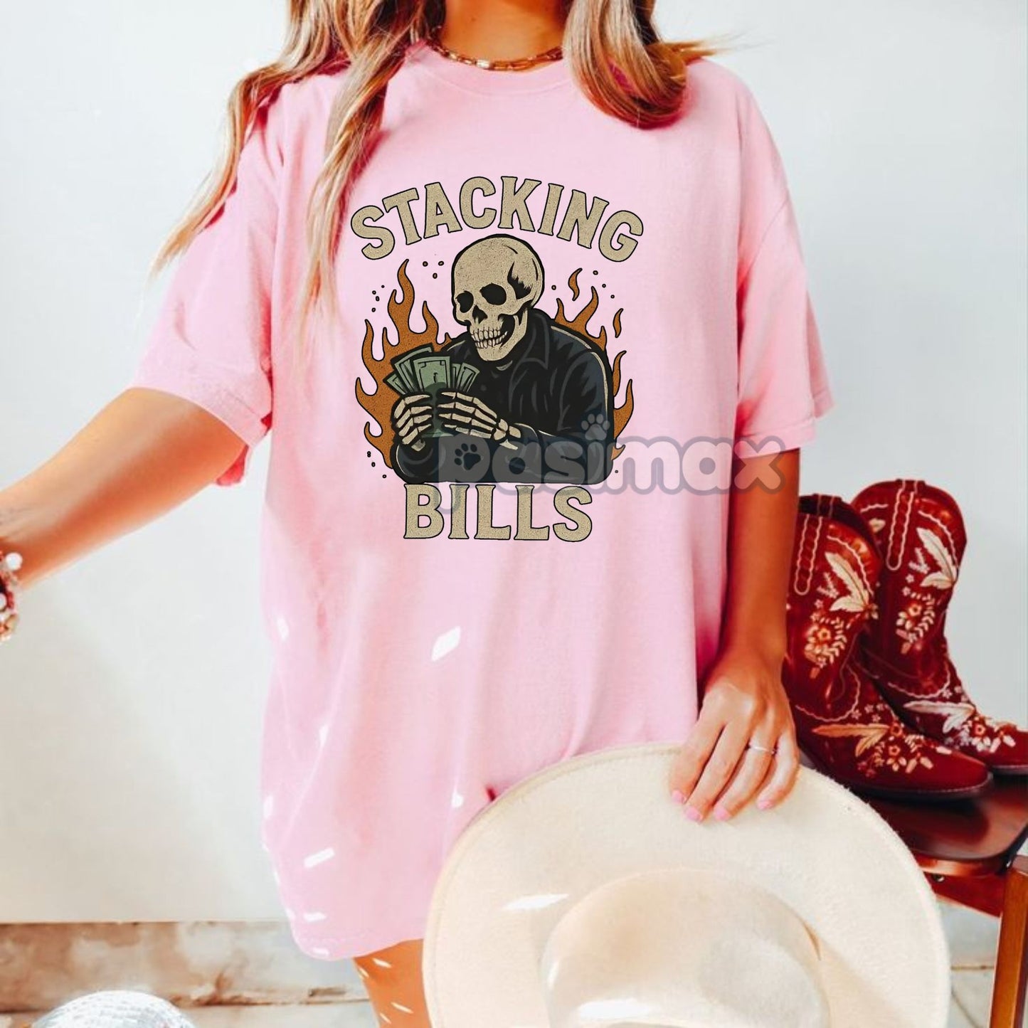 "100% Stacking Bills" T-Shirt - Funny Hustle Money Graphic Tee, Retro Skull Streetwear