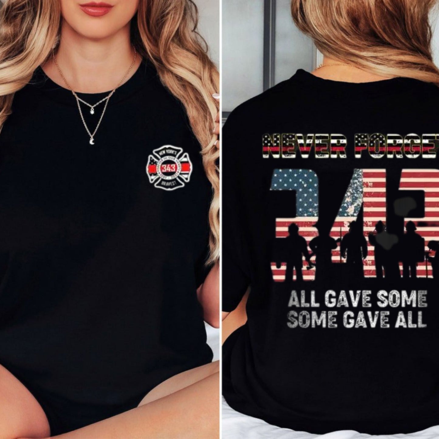 "Never Forget 343" Firefighter T-Shirt - 9/11 Memorial American Flag Tribute Tee, Honoring Heroes Apparel