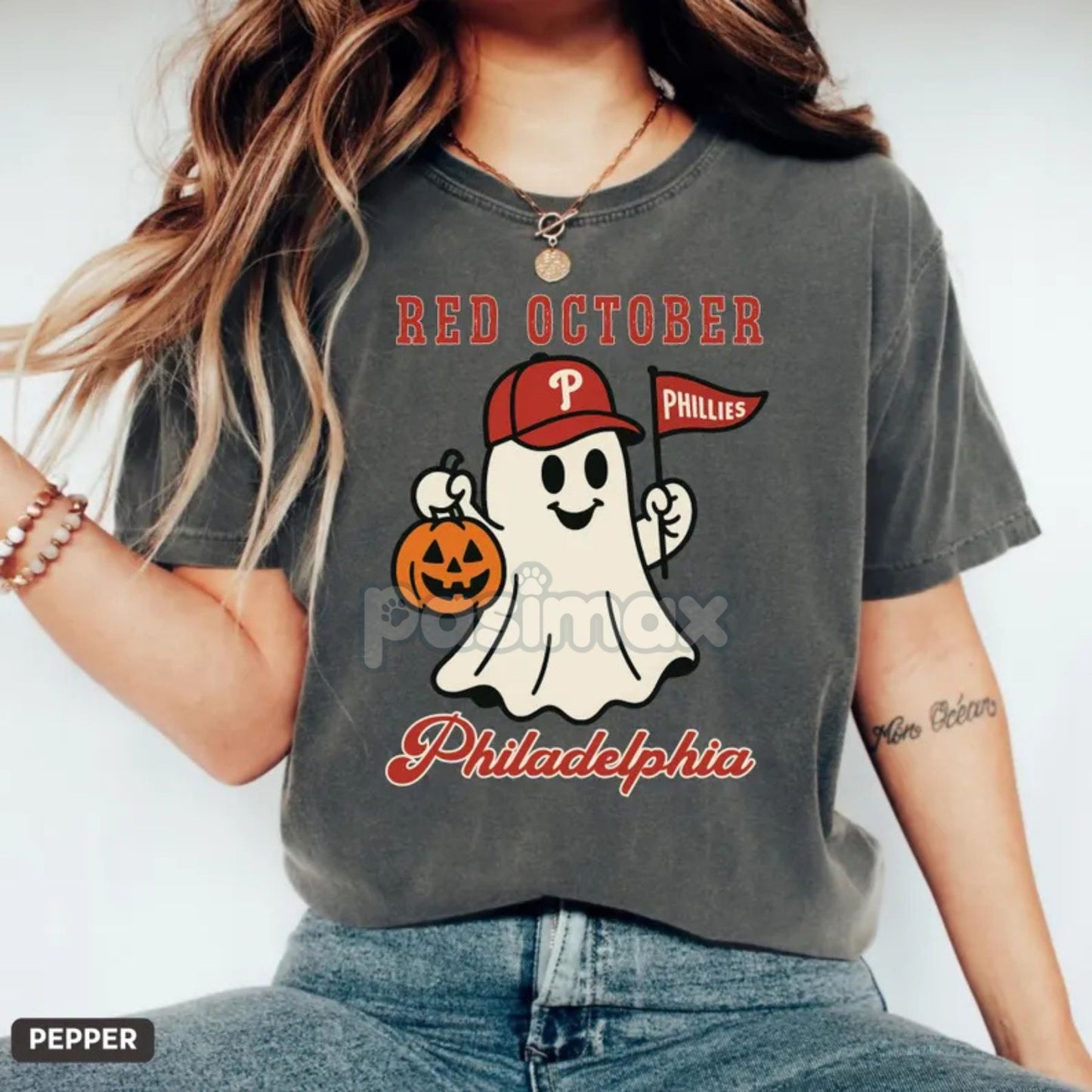 Comfort Colors® 'Red October' Halloween Ghost T-Shirt – Spooky Baseball Philadelphia Tee, Phillies Fan Outfit, Vintage Halloween Shirt