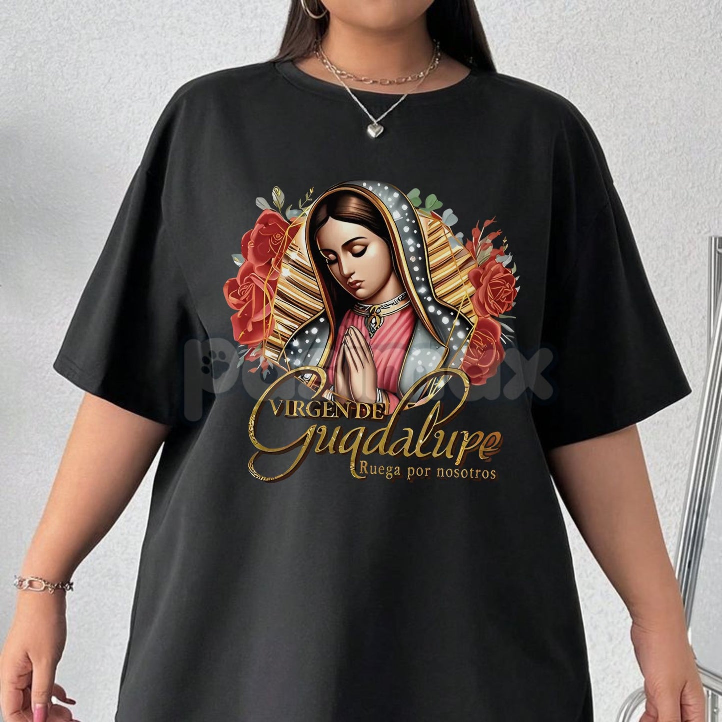 Our Lady of Guadalupe Cultural Heritage T-Shirt - Soft Women's Religious Icon Top, Spanish Text Floral Print, All-Season Casual Wear