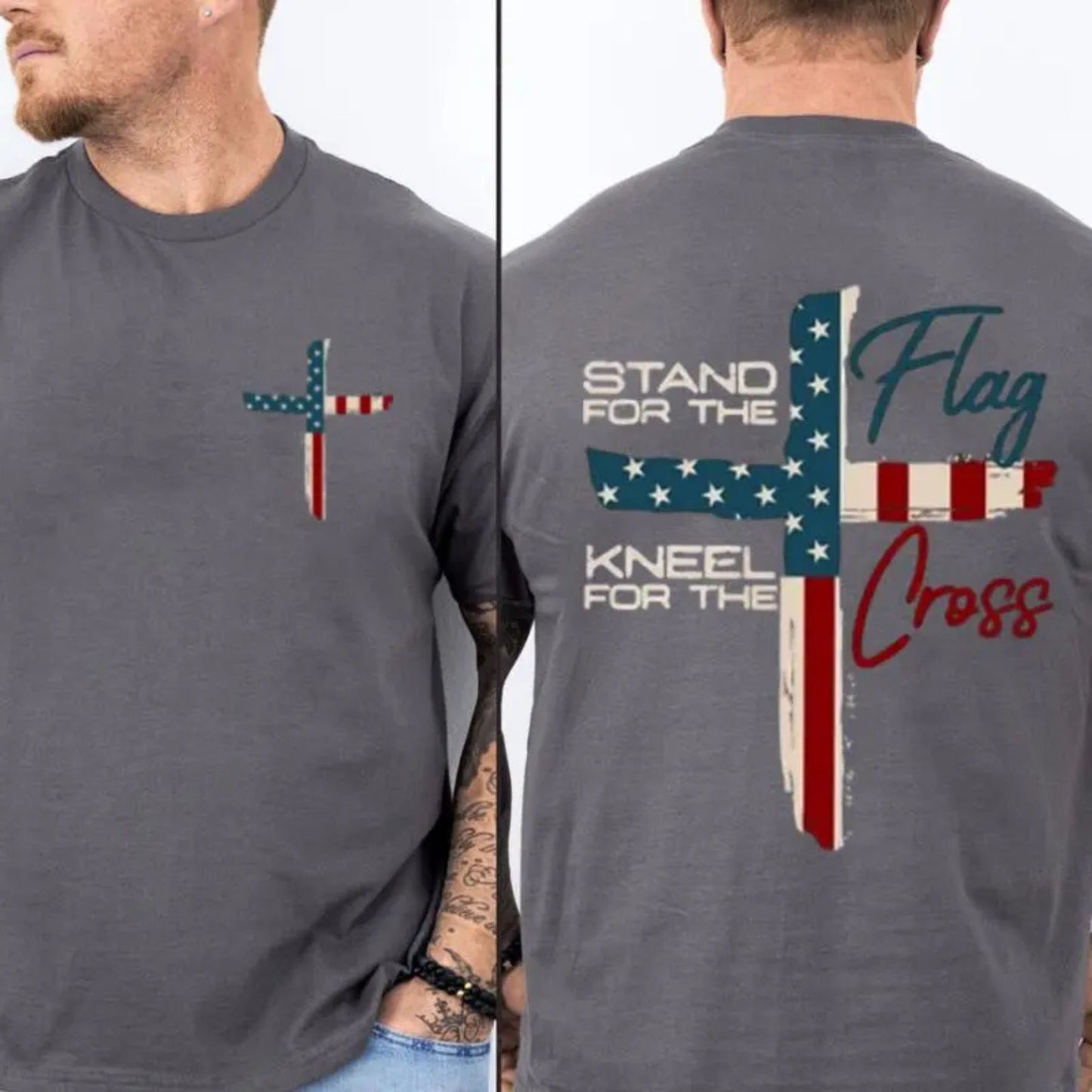 VIBEZONE Christ Flag The Cross T-Shirt - 2-Sided Faith Apparel, Unisex Christian Tee, Trendy Religious Top