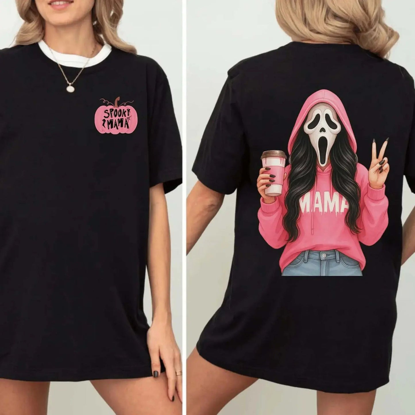 Pink Spooky Mama Halloween T-Shirt - Ghost Mama Crewneck, Fall Coffee Tee