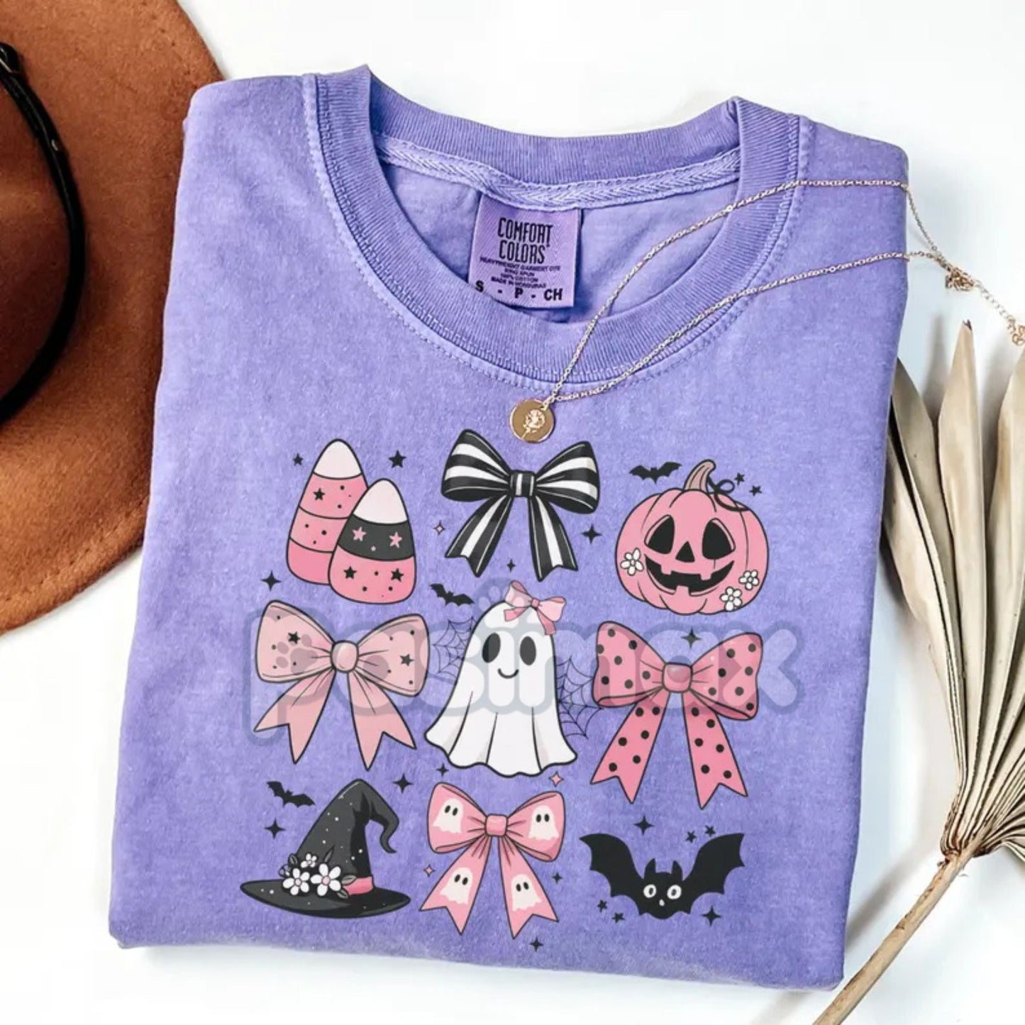 Comfort Colors® Pink Girly Bows Halloween Tee – Cute Ghost Shirt, Coquette Spooky Fall Shirt, Vintage Halloween Gift