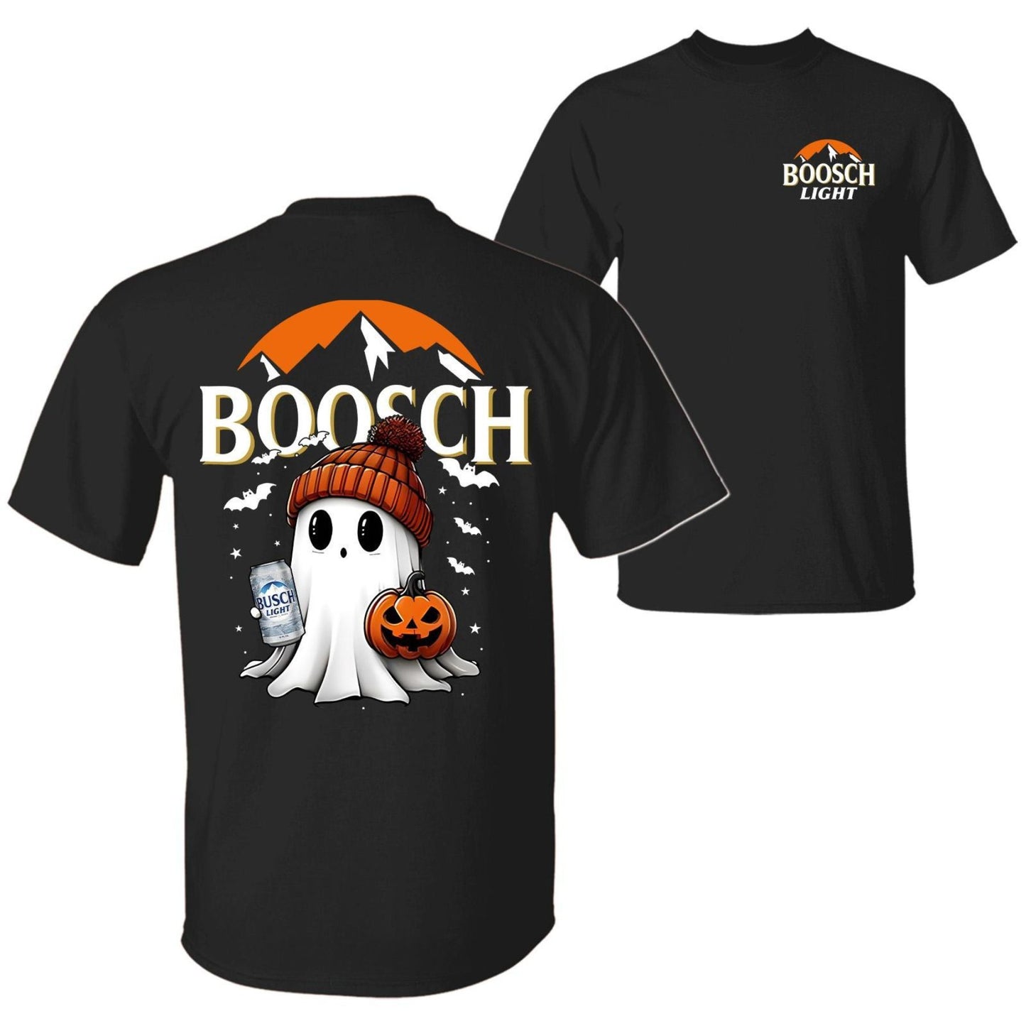Boosch Light Halloween Tee - Spooky Ghost & Pumpkin 2-Sided Shirt, Funny Beer Parody