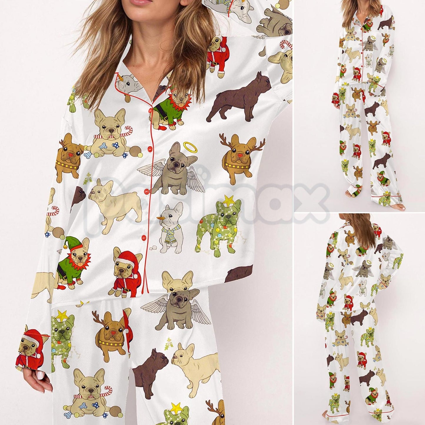 Christmas French Bulldog Satin Pajama Set for Women - Comfy Silky Sleepwear & Loungewear PJs