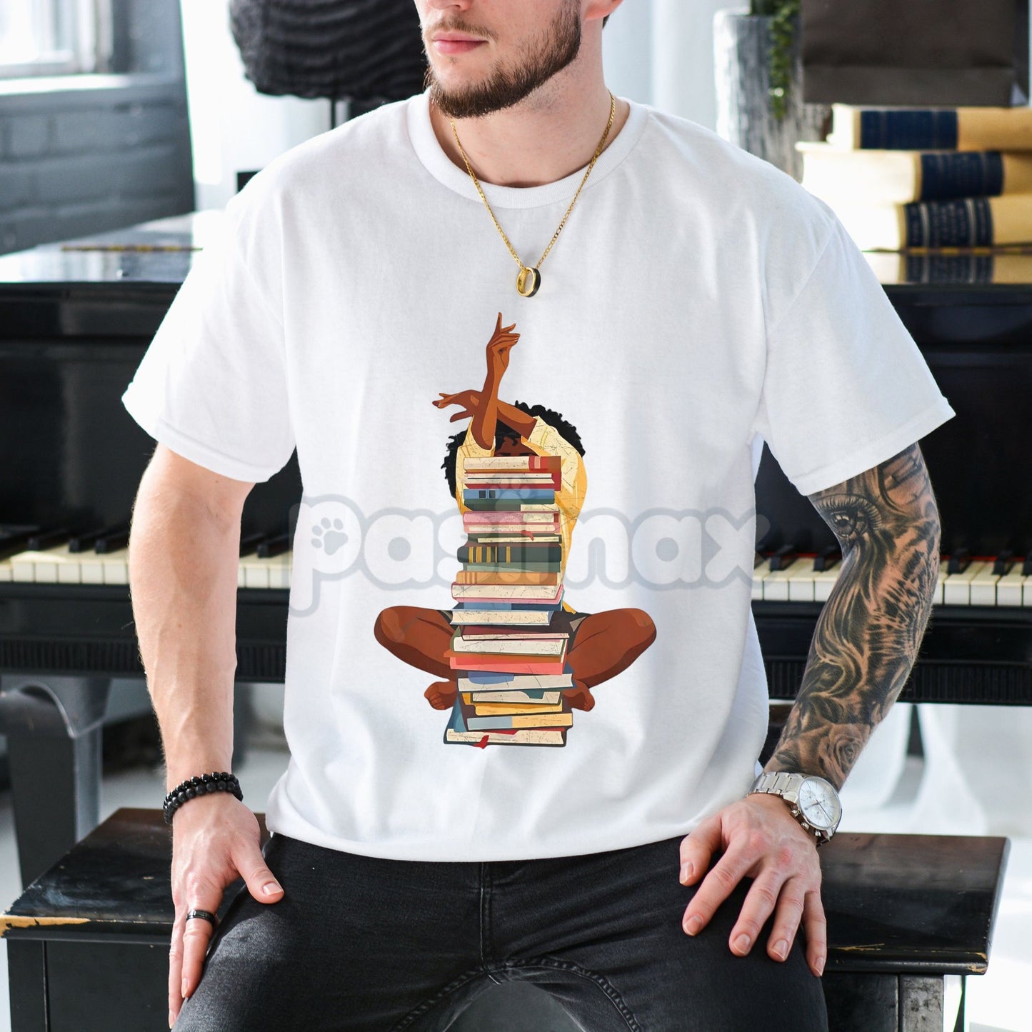 Black Woman and Books Stack T-Shirt - Afro Girl Book Lover Graphic Tee, Literary Culture Apparel, Unisex Black History