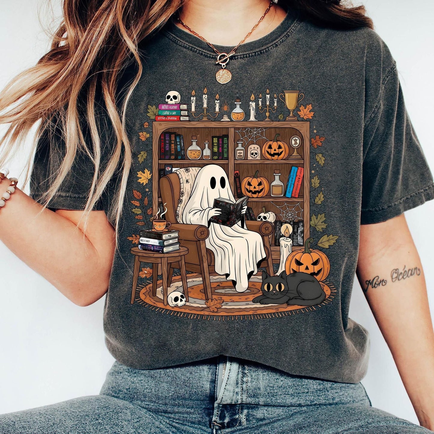 Retro Cozy Ghost Reading Halloween T-Shirt, Cute Spooky Bookshelf Tee, The Lords Series & Legacy of Gods, Book Lover Shirt, Spooky Season Gift