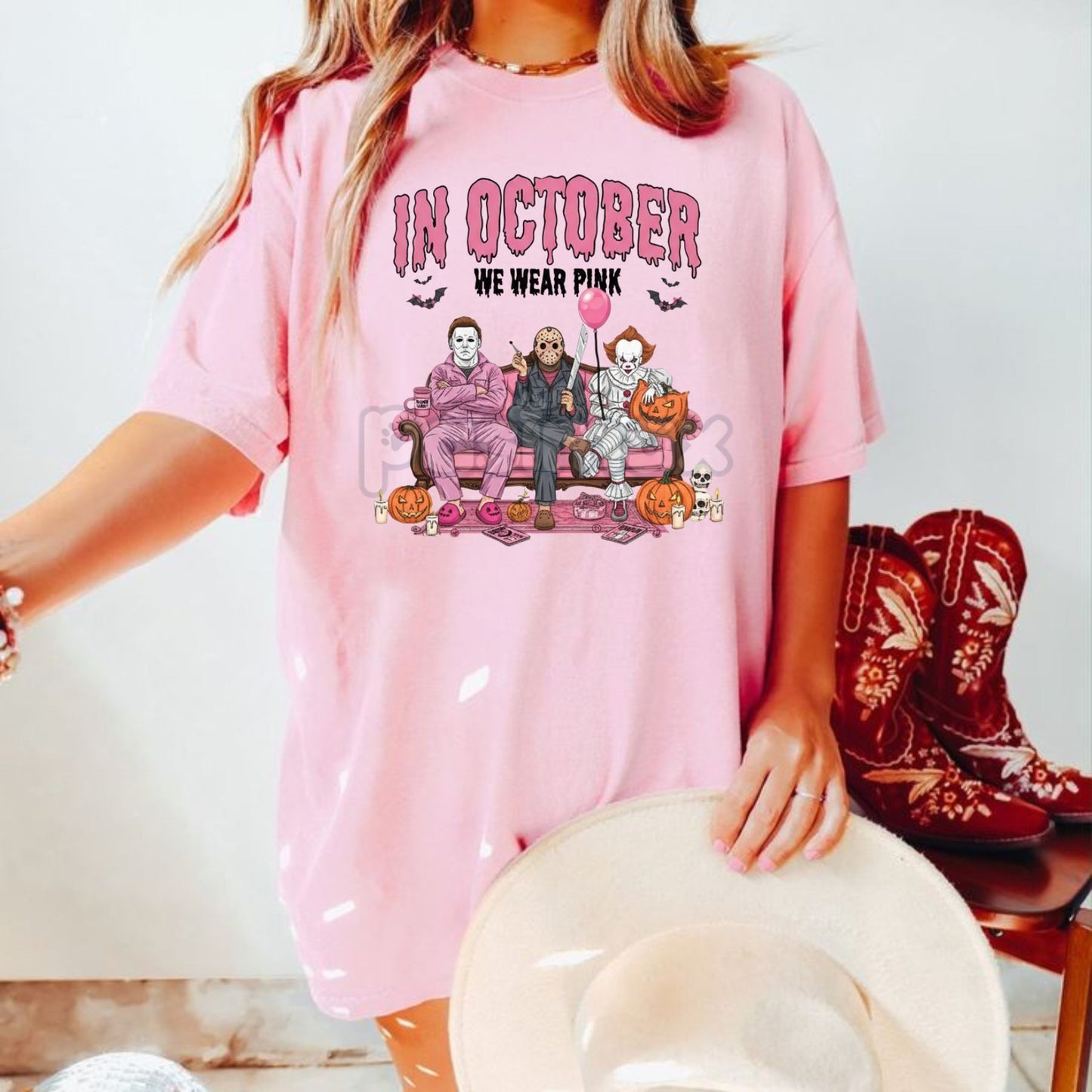Women's "In October We Wear Pink" Halloween Graphic T-Shirt - Breast Cancer Awareness & Spooky Design Tee, Hot Topic Style Party Top