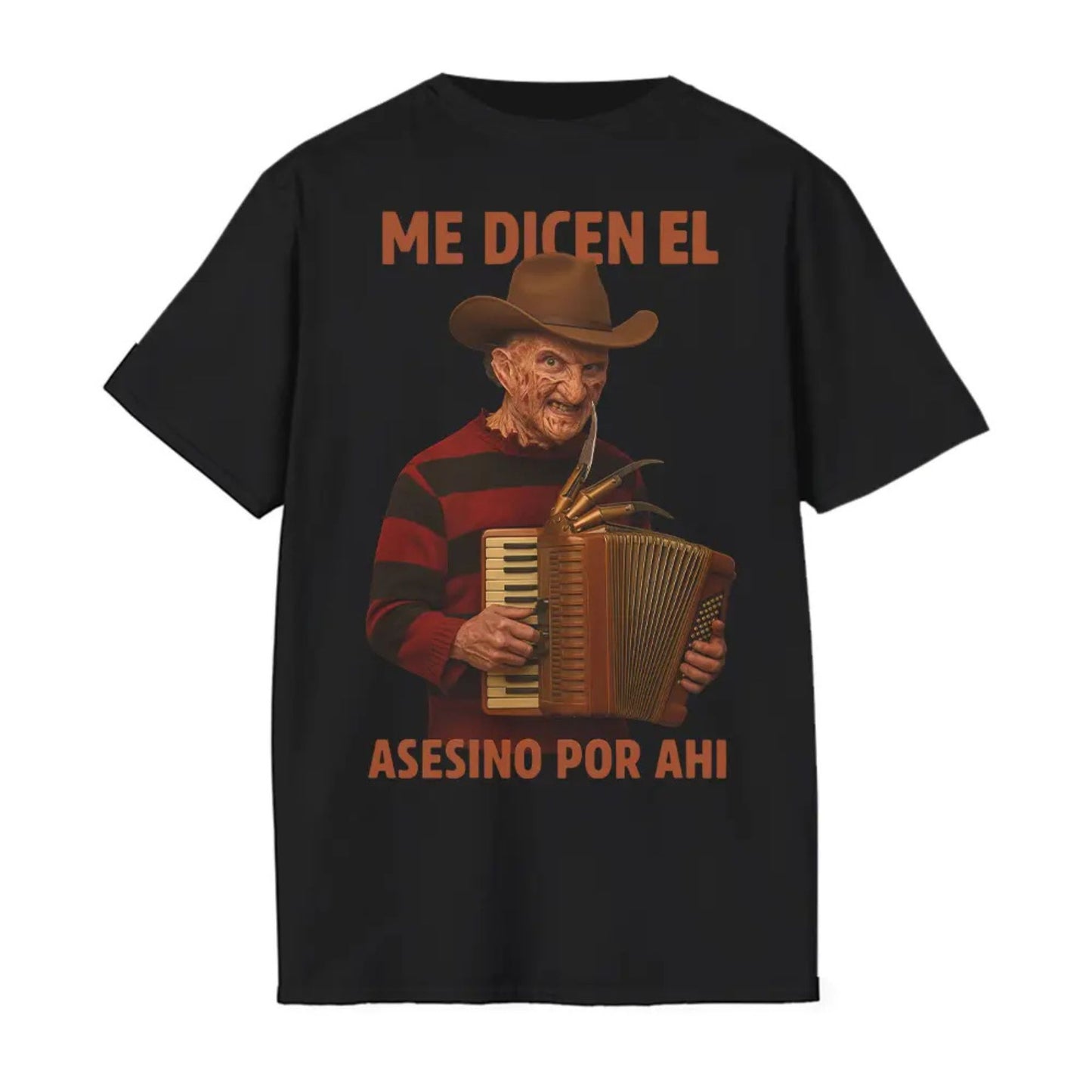 "Me Dicen El Asesino Por Ahi" T-Shirt - Funny Horror Movie Villains Accordion Tee, Jason, Freddy, Ghostface, Michael Myers