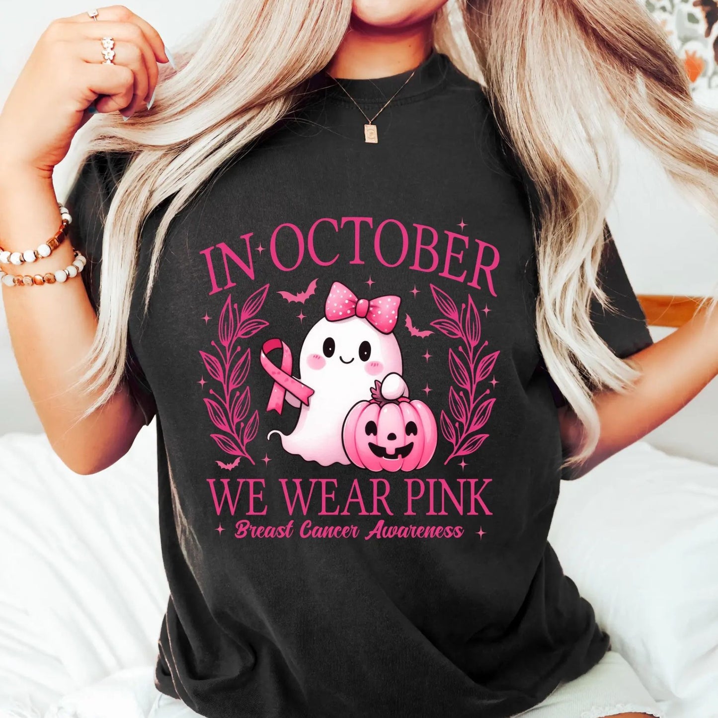In October We Wear Pink T-Shirt - Retro Breast Cancer Awareness Tee, Halloween Pink Ghost Shirt