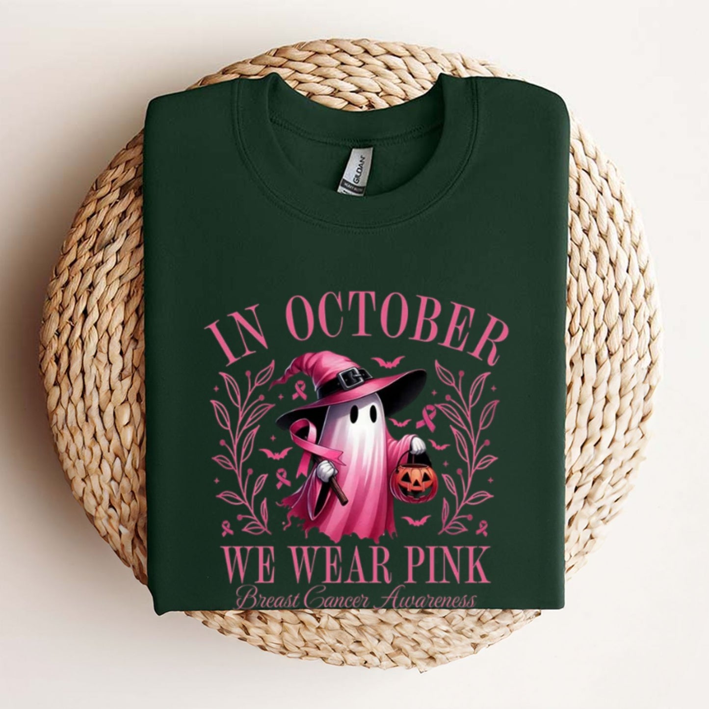 In October We Wear Pink Ghost T-Shirt - Breast Cancer Awareness & Halloween Tee, Pink Ribbon Shirt