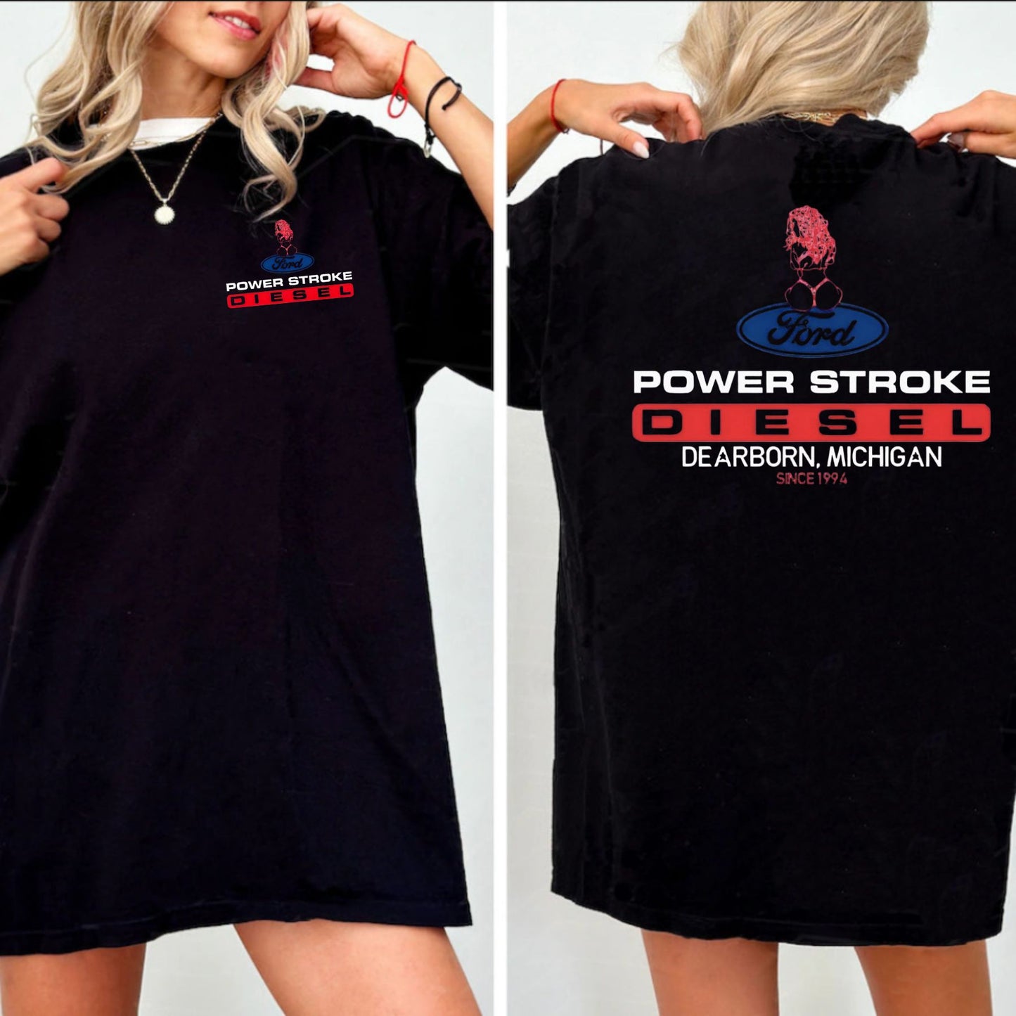 Power Stroke Logo T-Shirt with Lady Graphic - 2-Sided Tee for Truck & Car Enthusiasts, Unisex Style