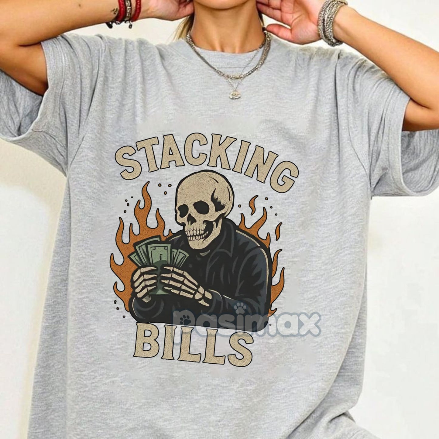 "100% Stacking Bills" T-Shirt - Funny Hustle Money Graphic Tee, Retro Skull Streetwear