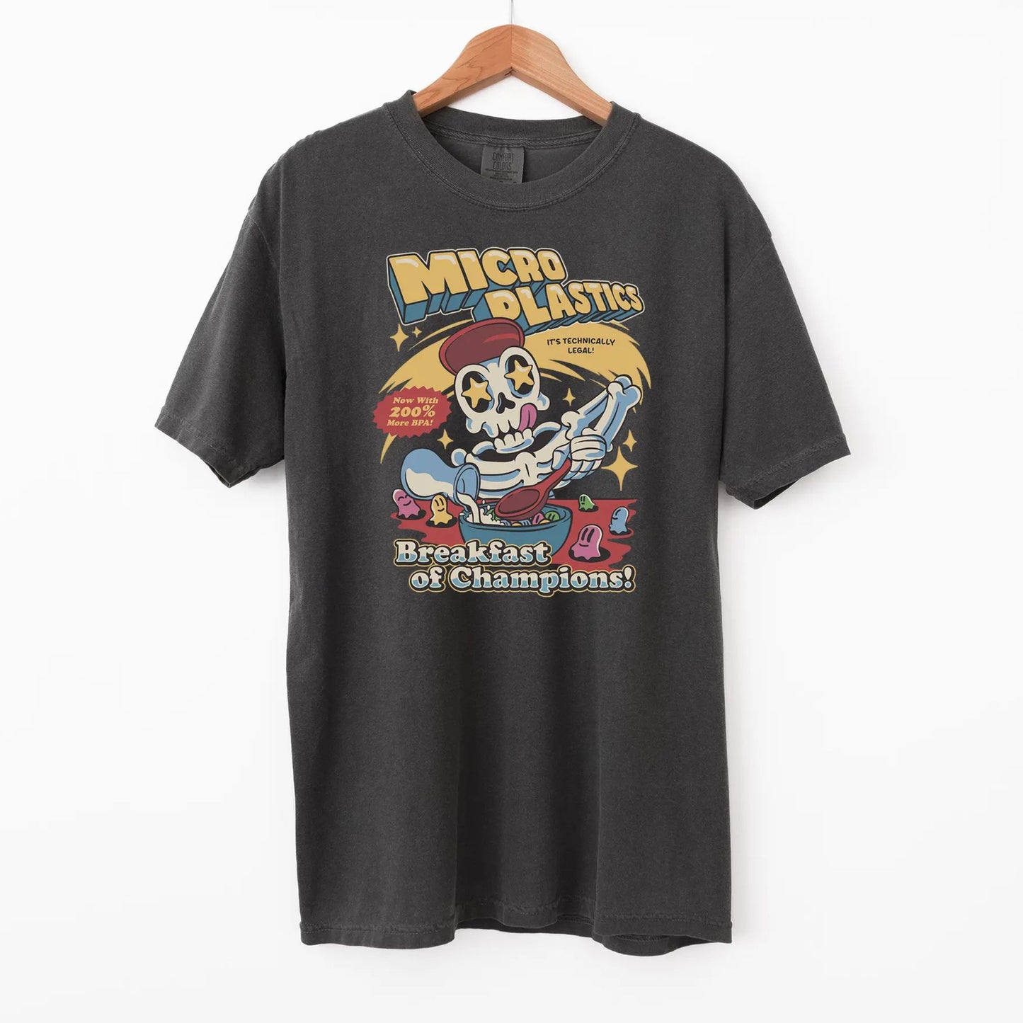Micro Plastics Breakfast Skull Comfort Colors Shirt – Funny Food Graphic Tee, Skeleton T-shirt, Dark Humor Environmentalist Top