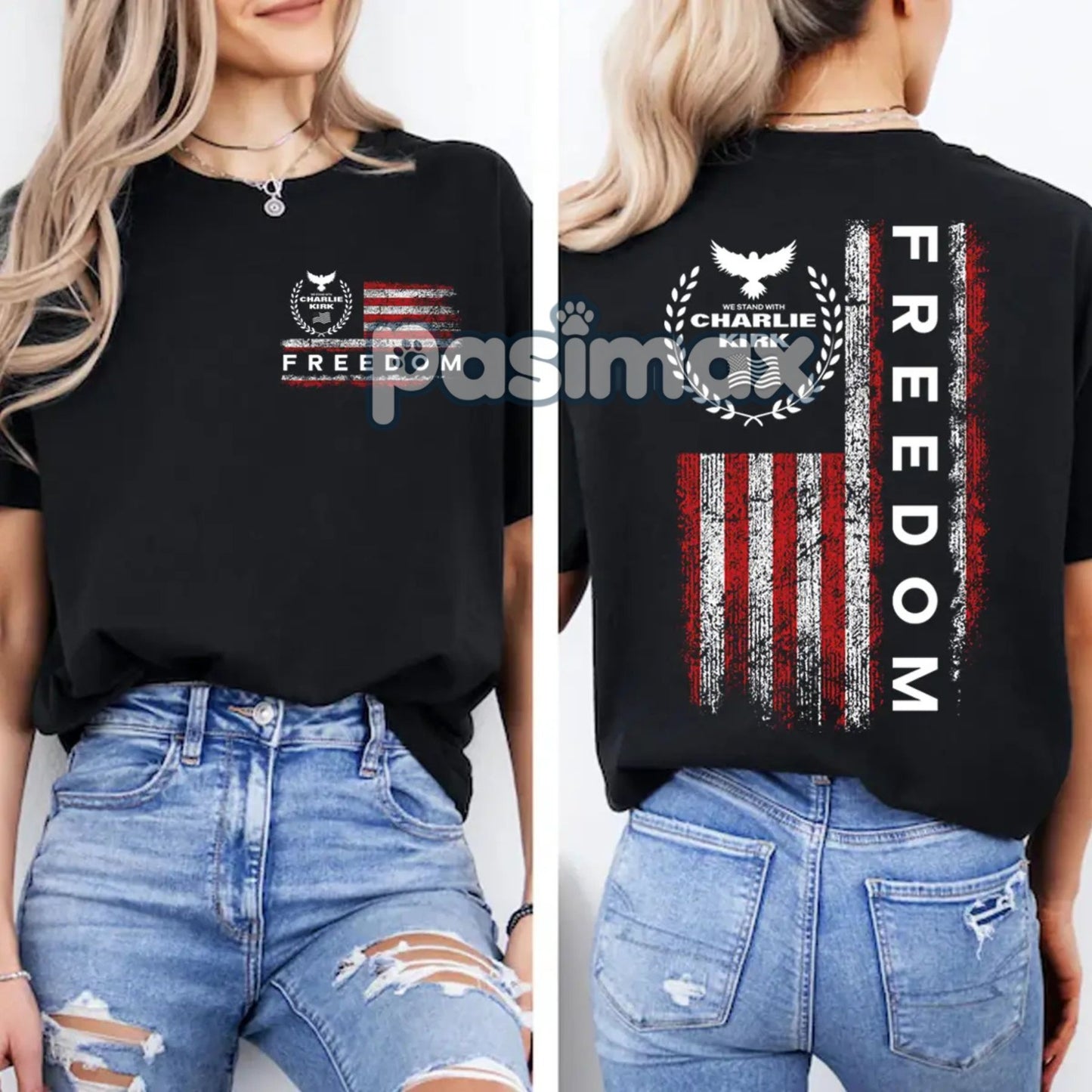 Freedom Charlie Kirk USA Flag T-Shirt - We Stand With Charlie Kirk, 2-Sided Patriotic Tee