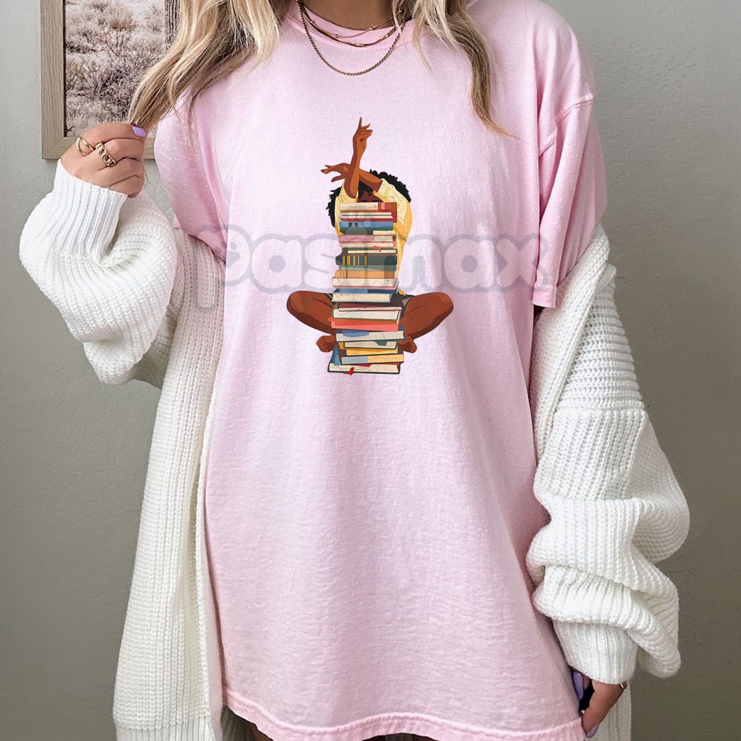 Black Woman and Books Stack T-Shirt - Afro Girl Book Lover Graphic Tee, Literary Culture Apparel, Unisex Black History