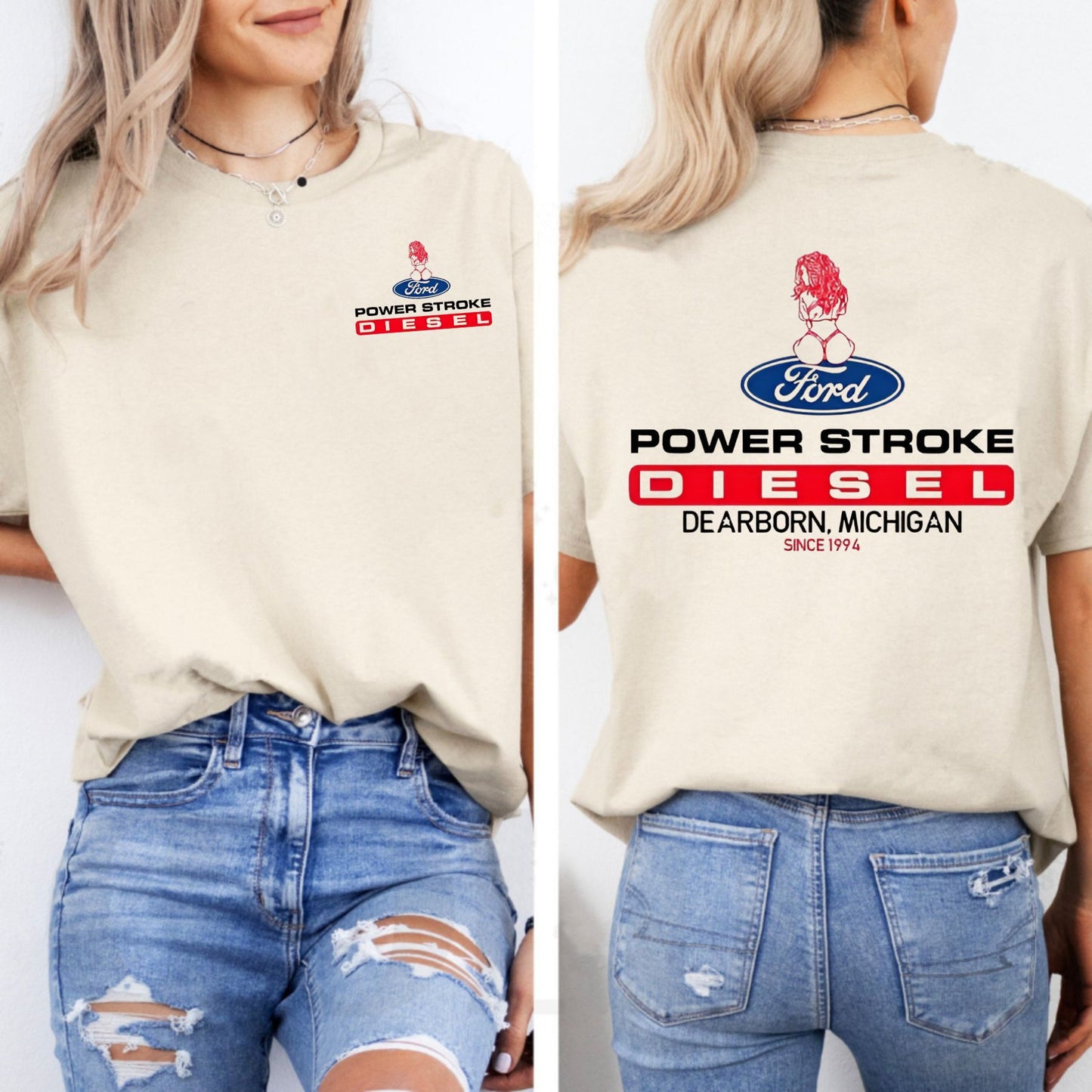 Power Stroke Logo T-Shirt with Lady Graphic - 2-Sided Tee for Truck & Car Enthusiasts, Unisex Style