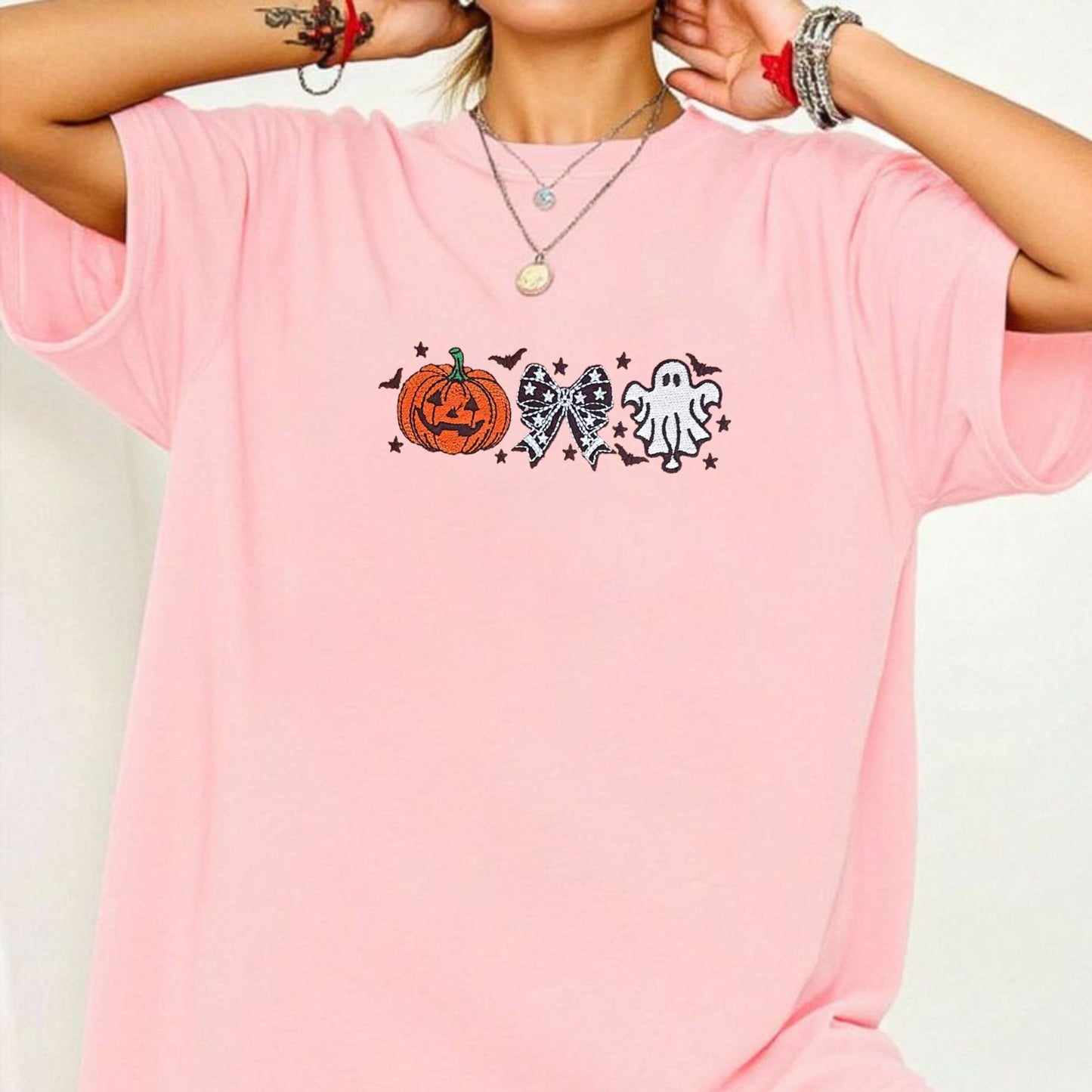 Cutesy Spooky Bows T-Shirt – Embroidered, Relaxed Fit Tee with Ghost & Spiderweb Design