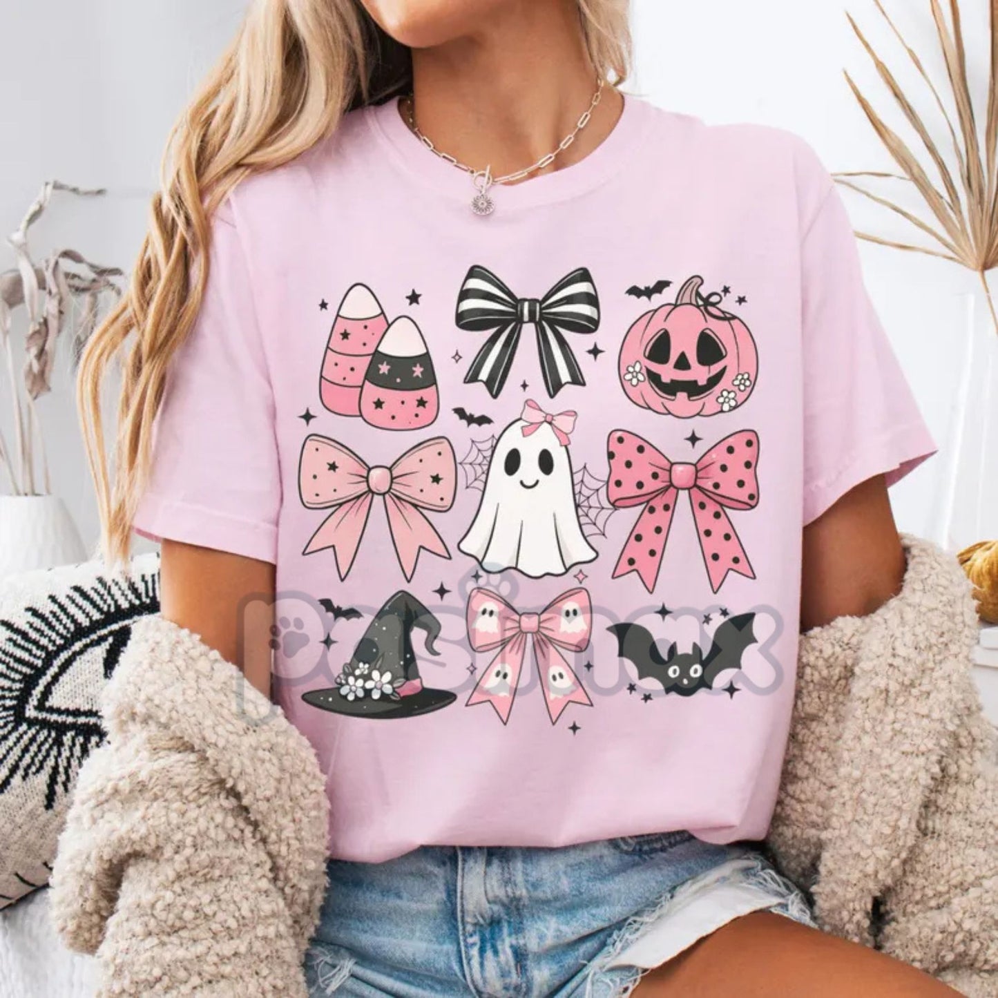 Comfort Colors® Pink Girly Bows Halloween Tee – Cute Ghost Shirt, Coquette Spooky Fall Shirt, Vintage Halloween Gift