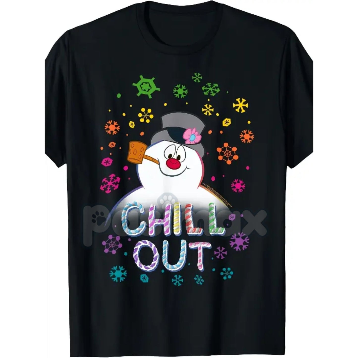 Women's Black Frosty The Snowman T-Shirt - Chill Out Portrait Graphic Tee, Funny Holiday Winter Apparel, Short Sleeve Christmas Top
