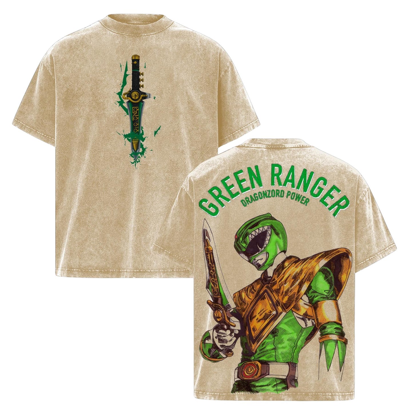 Green Ranger Power Rangers Edition Double Printed Oversize Acid Washed Tee