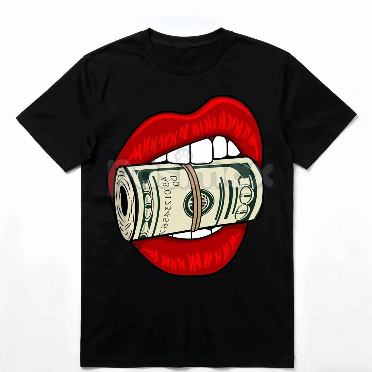 Oversized Red Lips Biting Cash Roll Graphic Tee - Edgy Streetwear Shirt, Luxury Lifestyle Apparel