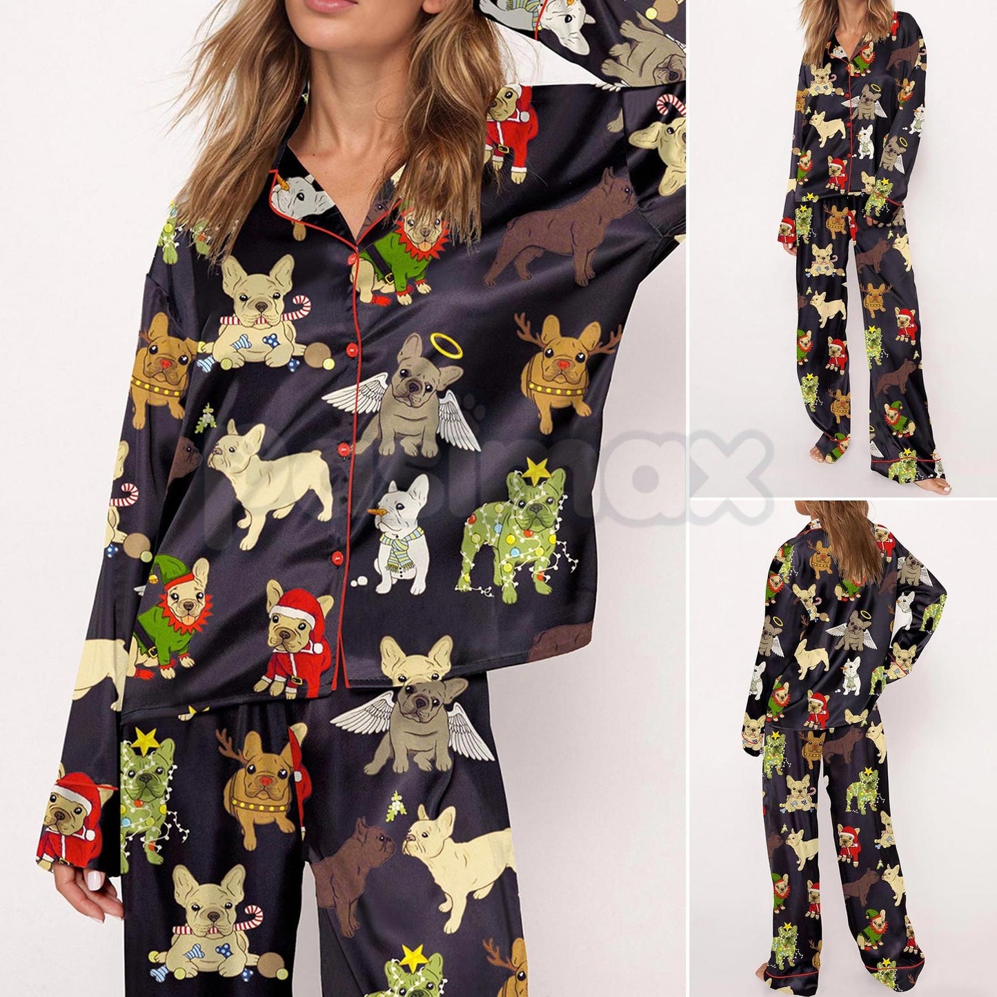 Christmas French Bulldog Satin Pajama Set for Women - Comfy Silky Sleepwear & Loungewear PJs