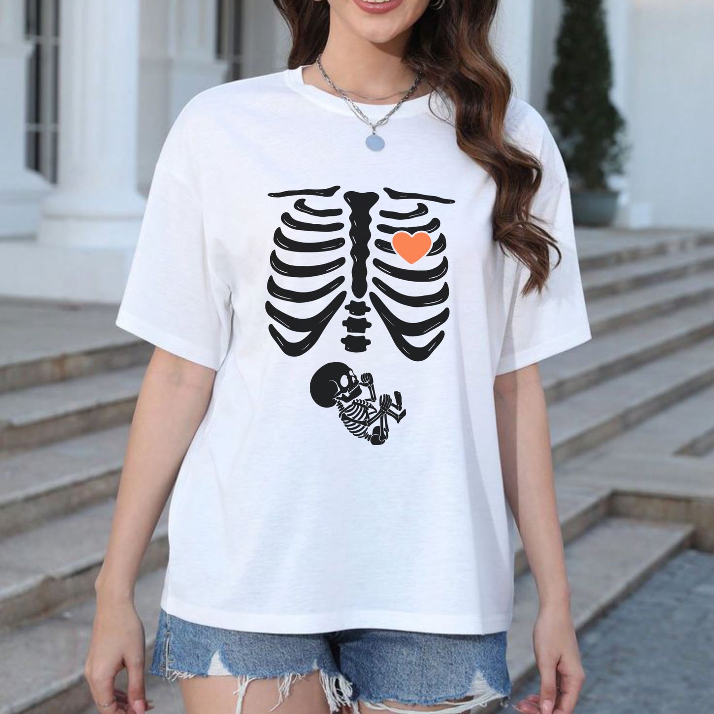 Skeleton Halloween Maternity T-Shirt - Funny Pregnancy Announcement Tee, Spooky Baby Reveal