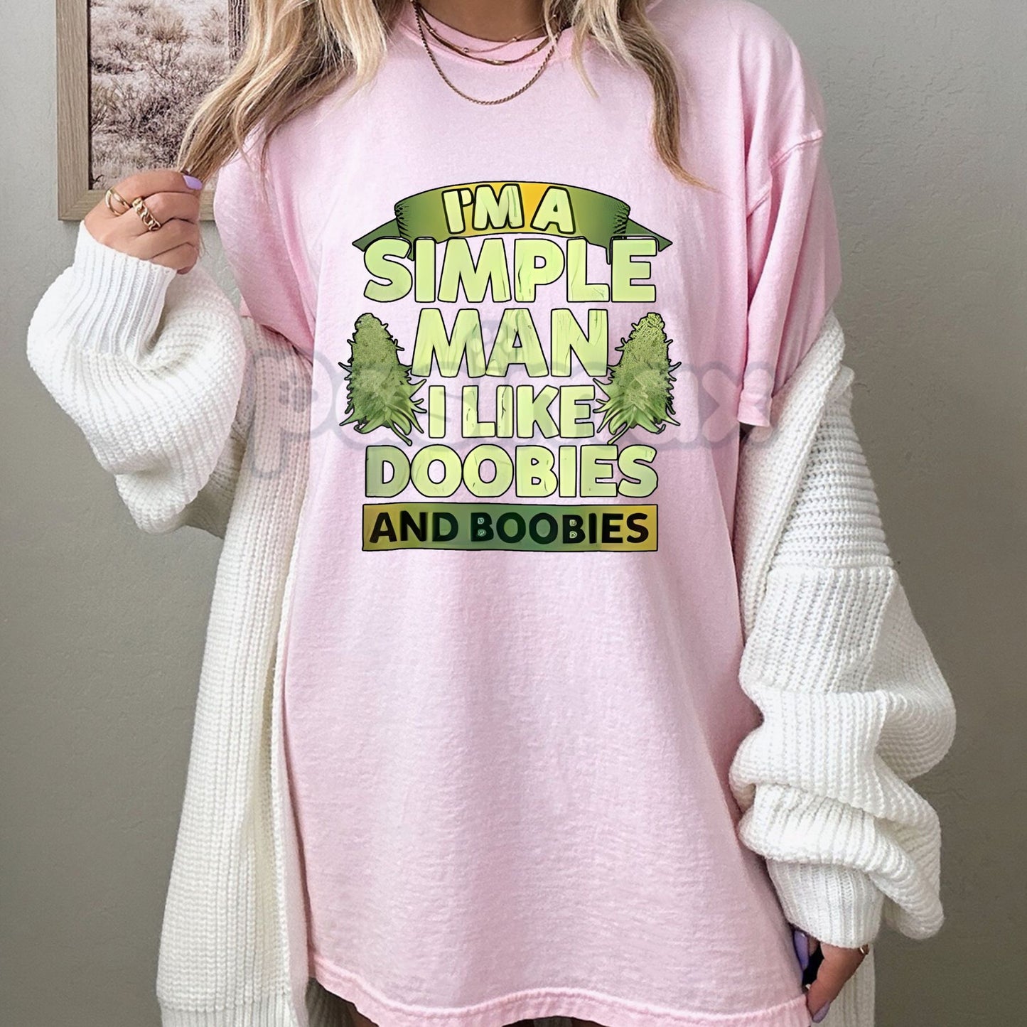 Retro "Simple Man: Doobies and Boobies" T-Shirt - Classic 420 Stoner Party Tee, Bold Adult Humor Graphic Top, Unisex Carefree Slogan Apparel