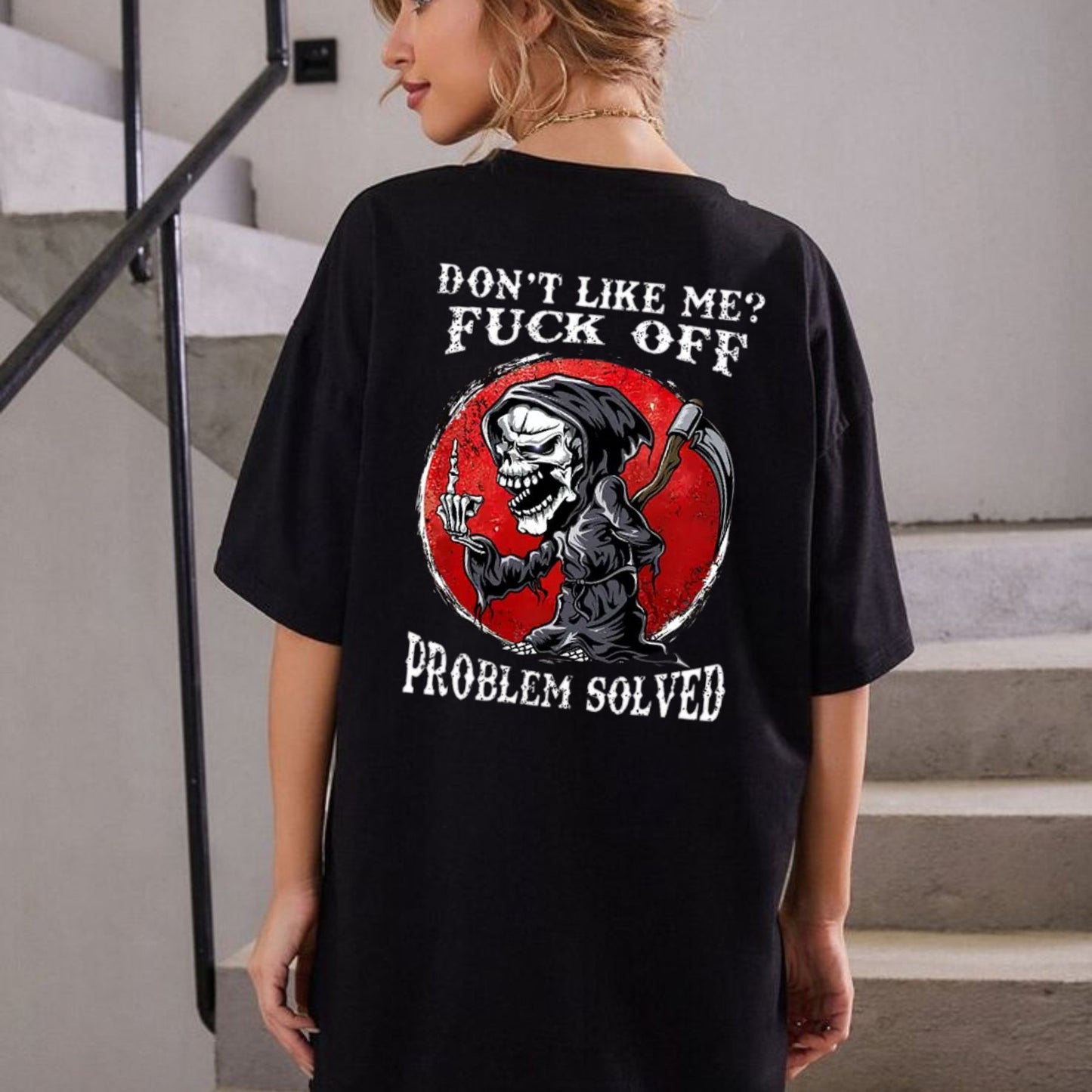 Don’t Like Me F*ck Off Problem Solved T-Shirt – Funny Halloween Graphic Tee, Unisex Casual Cotton Shirt