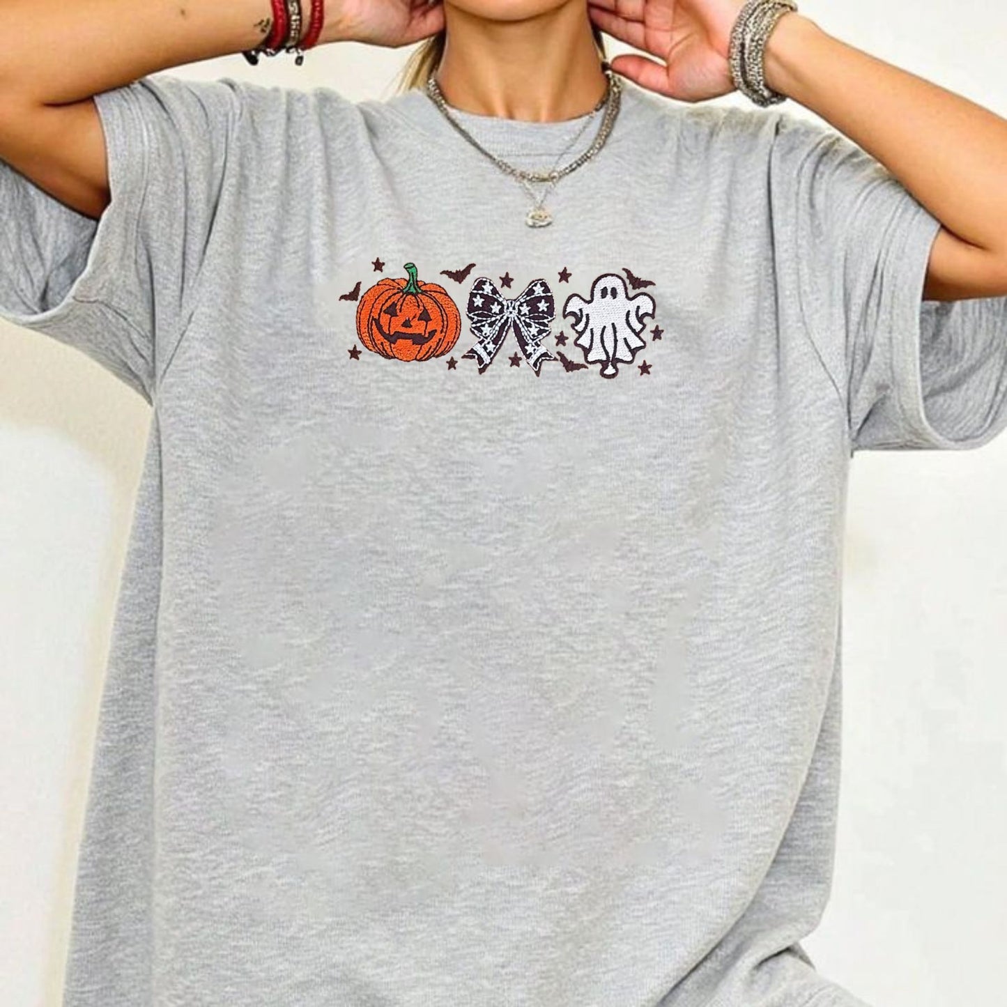 Cutesy Spooky Bows T-Shirt – Embroidered, Relaxed Fit Tee with Ghost & Spiderweb Design