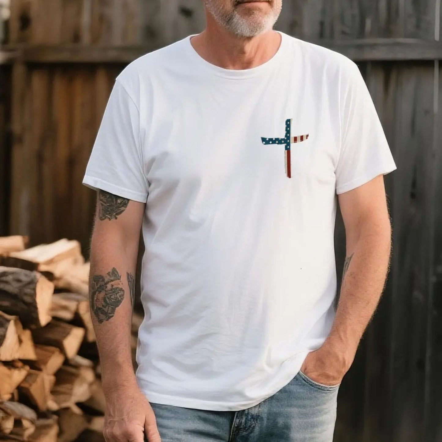 VIBEZONE Christ Flag The Cross T-Shirt - 2-Sided Faith Apparel, Unisex Christian Tee, Trendy Religious Top