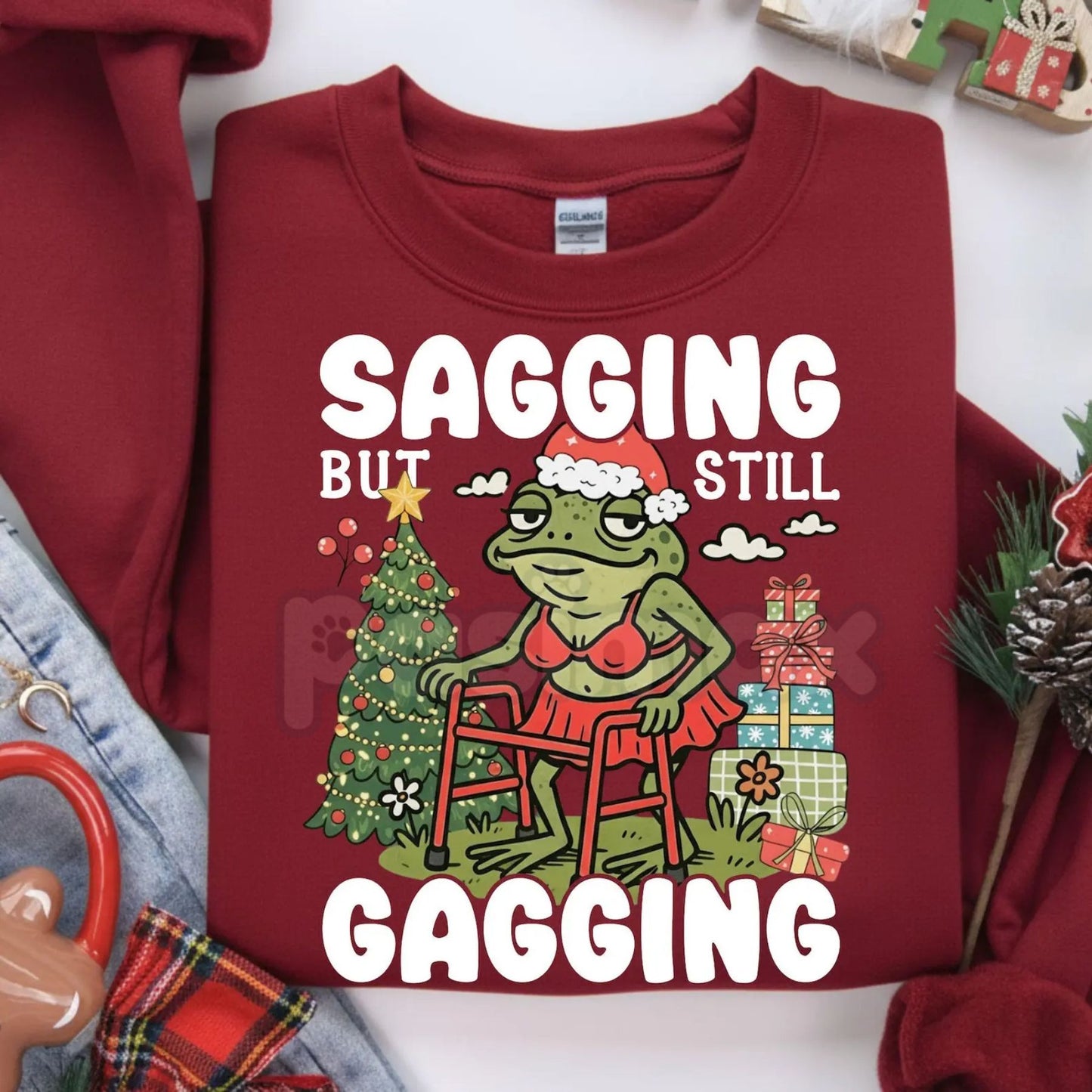 "Sagging But Still Gagging" Funny Christmas Meme Frog Sweatshirt – Sarcastic Holiday Crewneck
