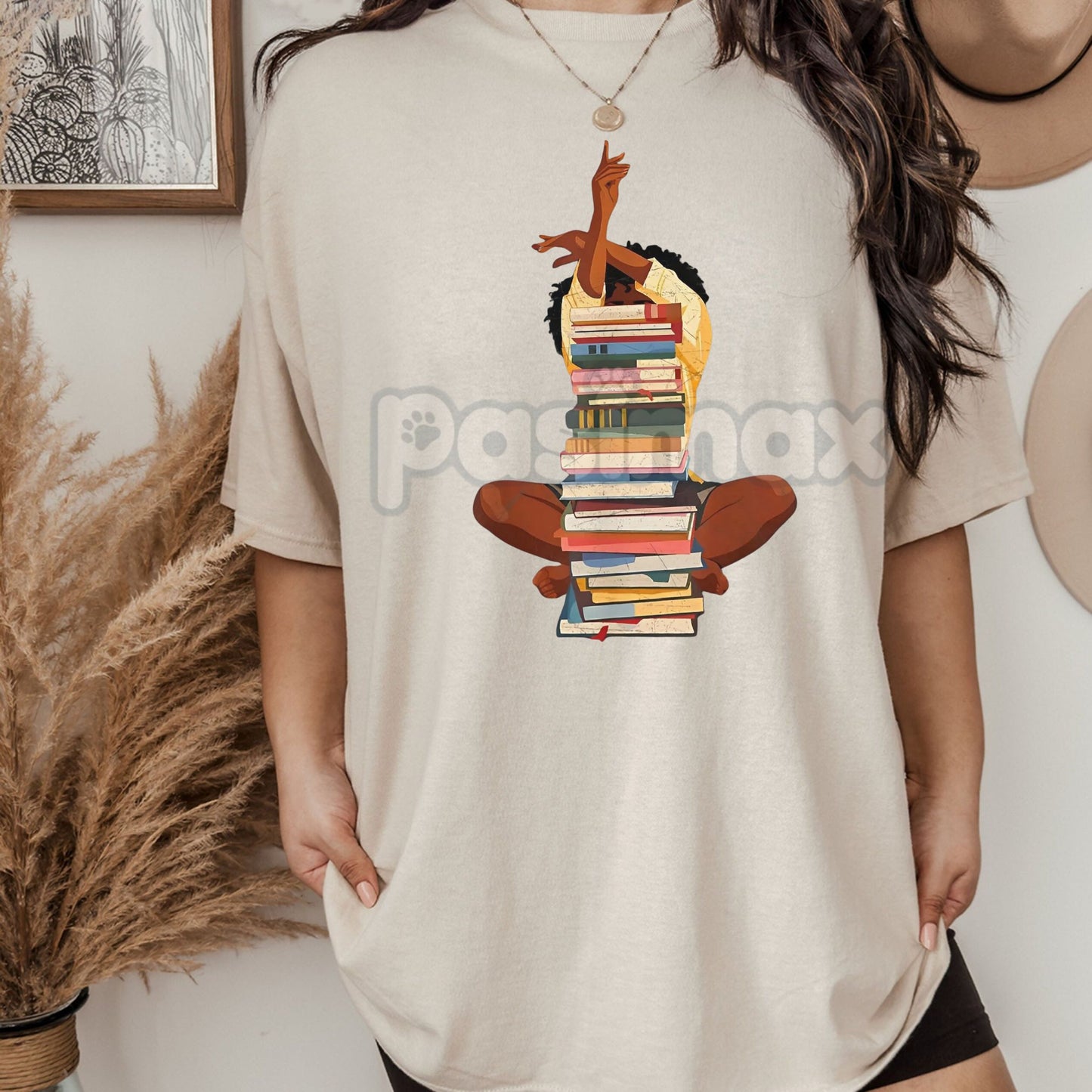 Black Woman and Books Stack T-Shirt - Afro Girl Book Lover Graphic Tee, Literary Culture Apparel, Unisex Black History