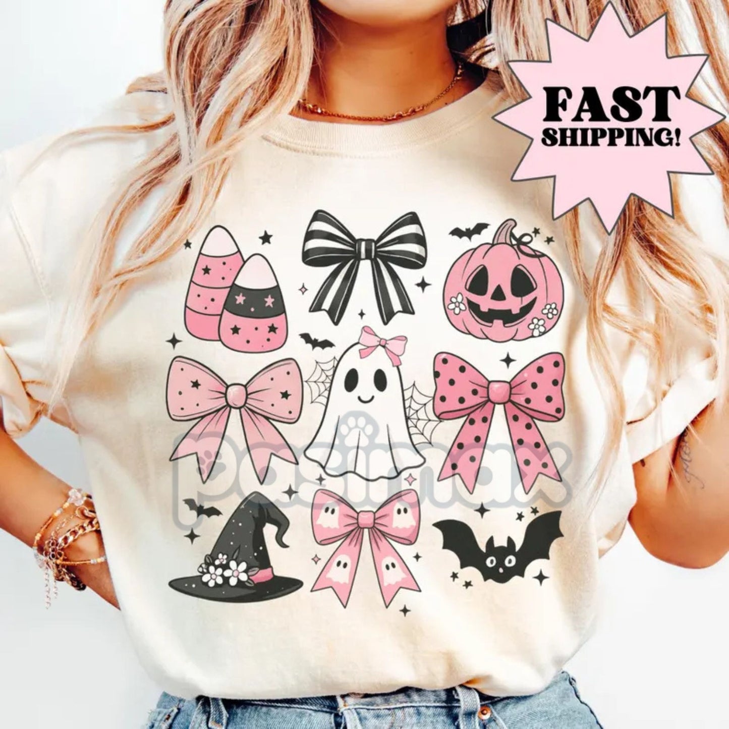 Comfort Colors® Pink Girly Bows Halloween Tee – Cute Ghost Shirt, Coquette Spooky Fall Shirt, Vintage Halloween Gift