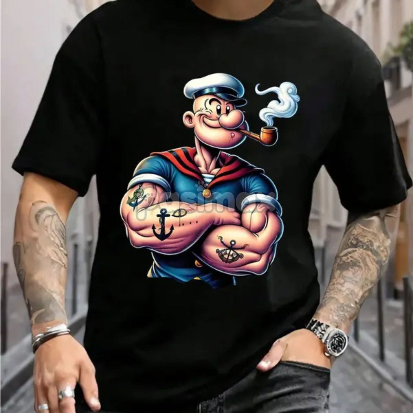 Men's Popeye Printed Urban Casual T-Shirt - Classic Cartoon Graphic Tee, Short Sleeved Round Neck