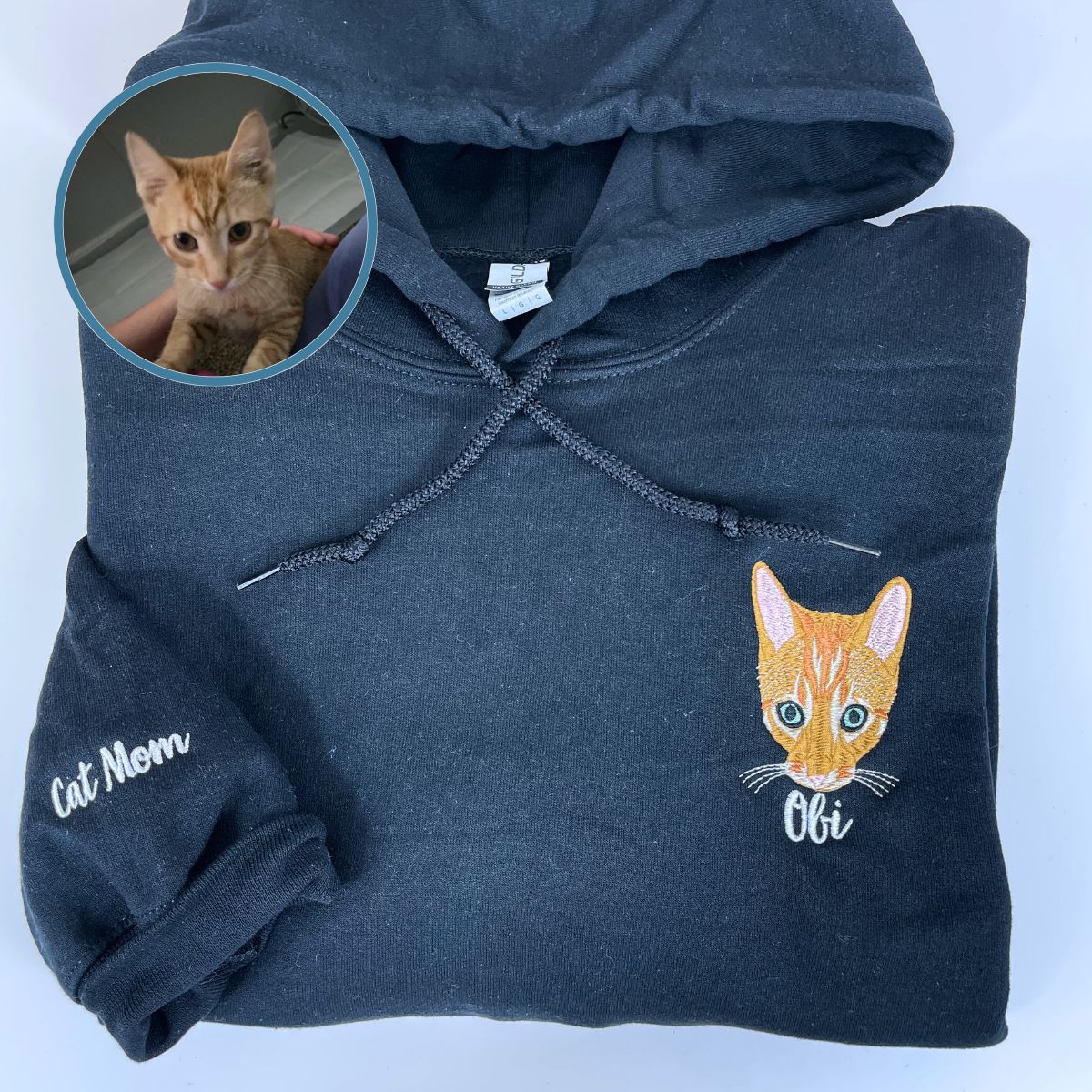 Custom Embroidered Cat Face Hoodie Personalized Full-Color Pet Portrait Gift for Cat Lovers