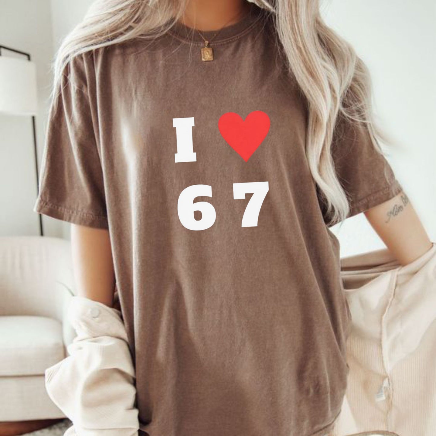 "I Love 6 7" Crewneck T-shirt - Funny Graphic Tee, Stylish Casual White Shirt
