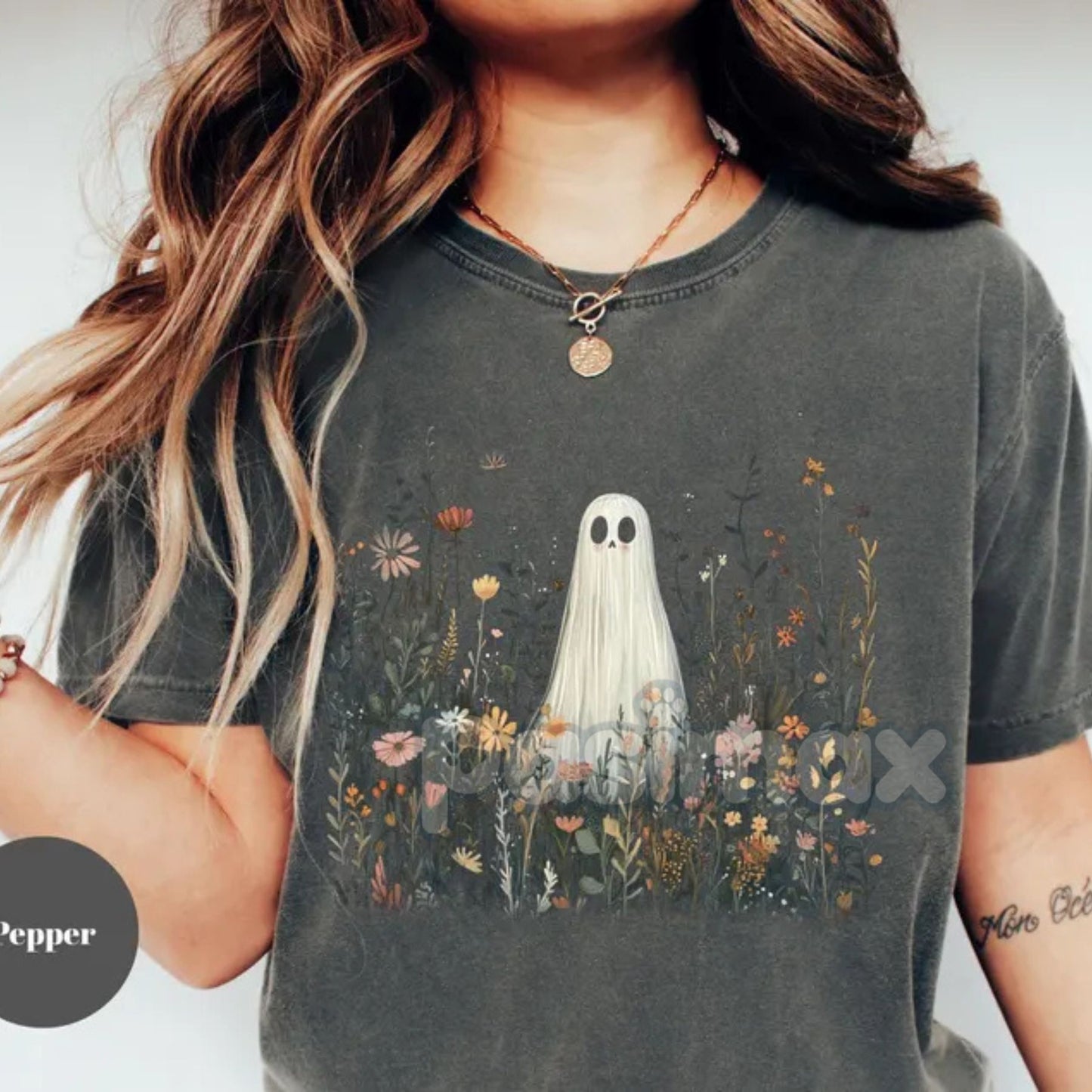 Comfort Colors® Enchanted Ghost in Wildflowers T-Shirt – Cottagecore Halloween Floral Tee, Whimsical Fall Graphic, Fairy Tale Spooky Gift