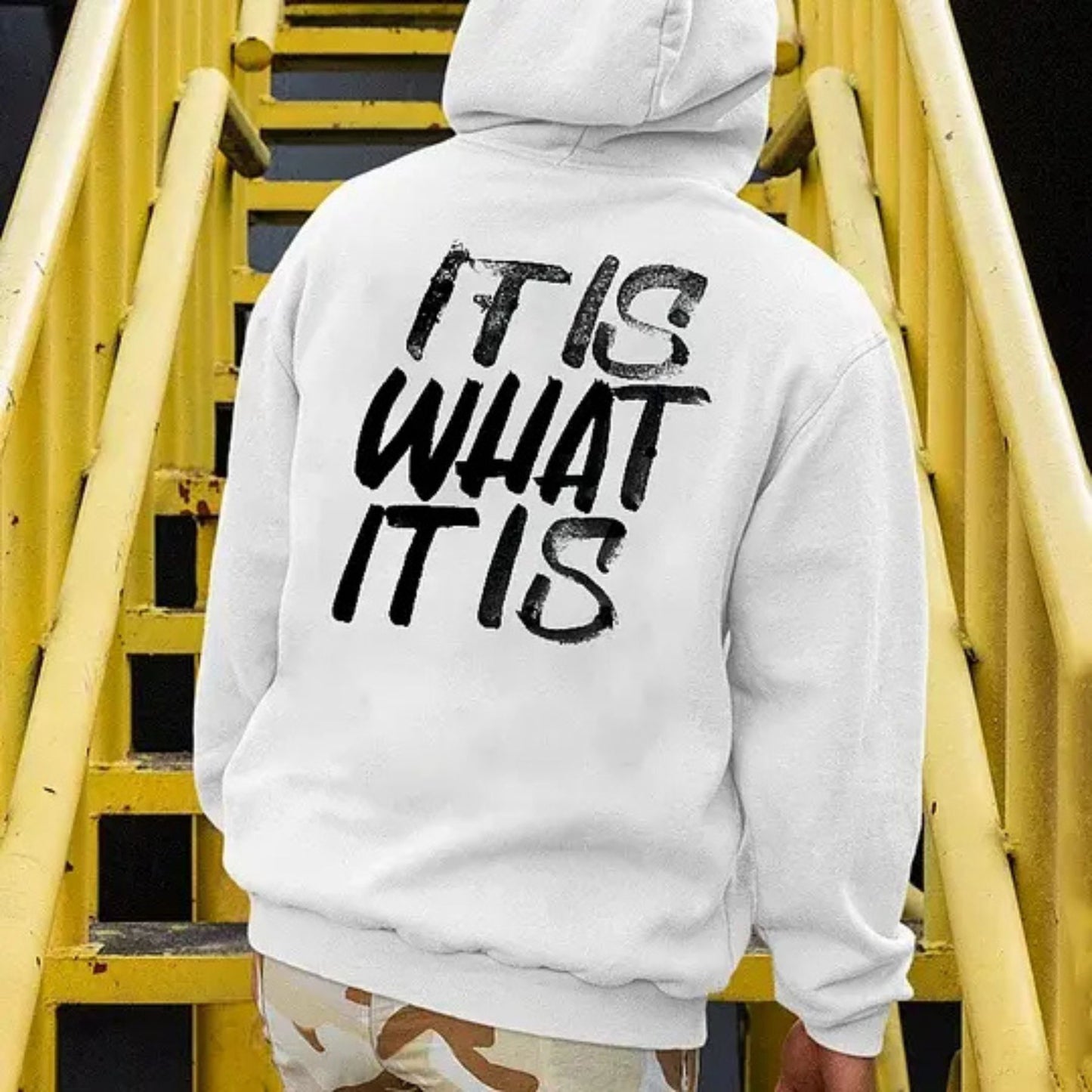 "It Is What It Is" Distressed Print Hoodie – Basic Men’s Casual Pullover, Laid-Back Vibe Streetwear