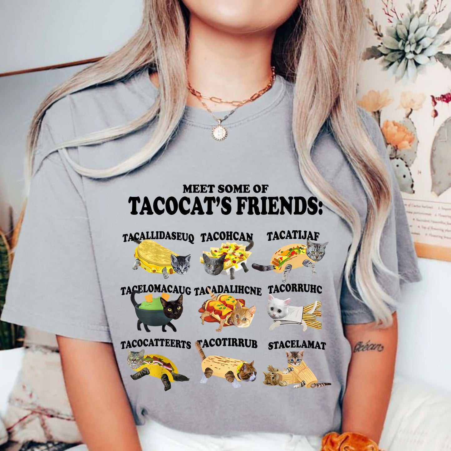 Tacocat and Friends T-Shirt - Funny Palindrome Cat Taco Graphic Tee, Unisex Humor Apparel