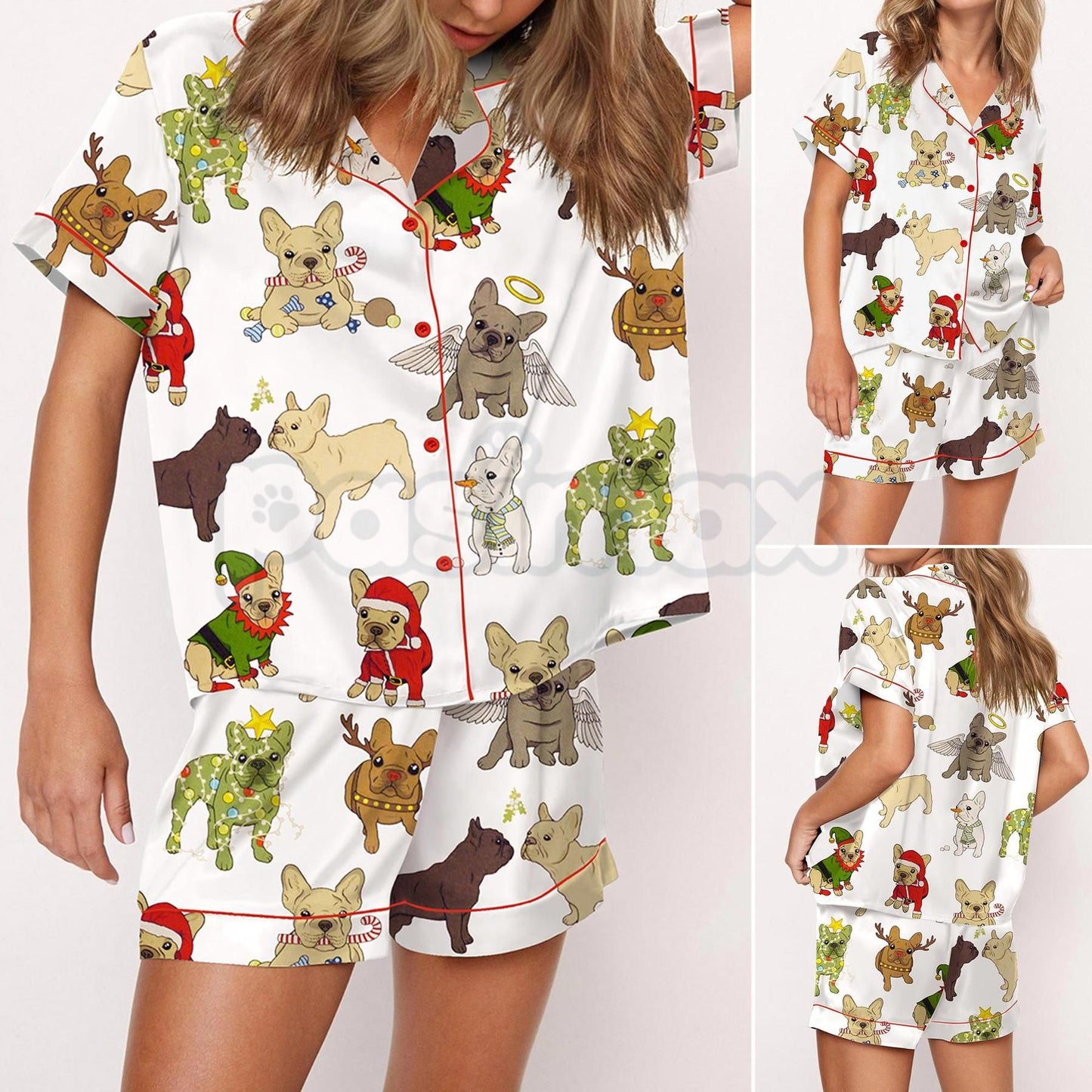 Christmas French Bulldog Satin Pajama Set for Women - Comfy Silky Sleepwear & Loungewear PJs