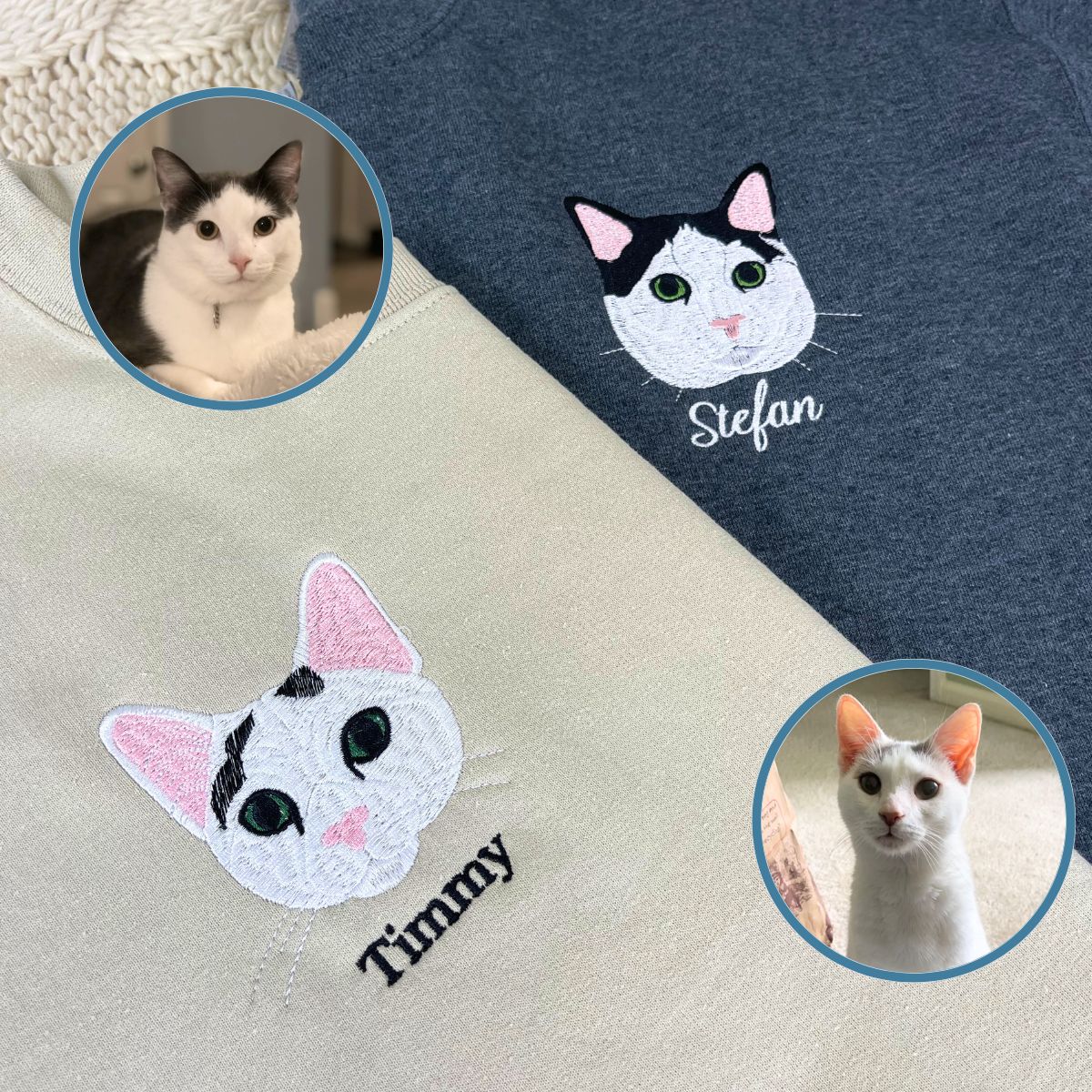 Custom Embroidered Cat Face Sweatshirt Personalized Full-Color Pet Portrait Gift for Cat Lovers